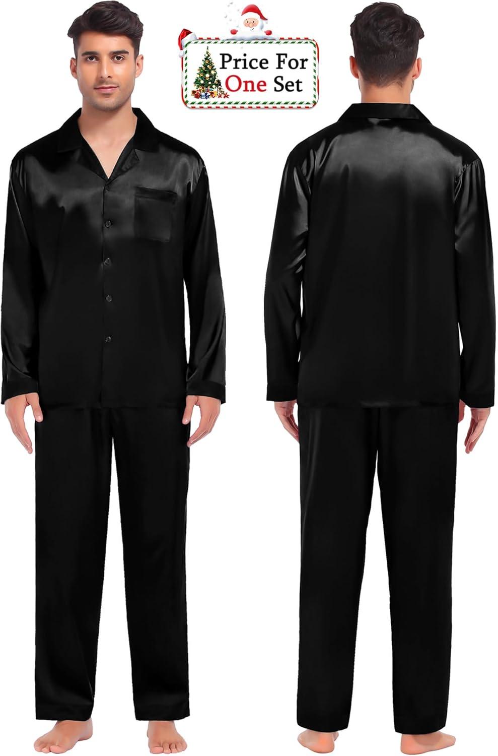 imageSWOMOG Couples Pajama Sets Men amp Women Satin Long Sleeve Sleepwear Silky Classic Button Down Soft Loungewear Pjs SetPure Black