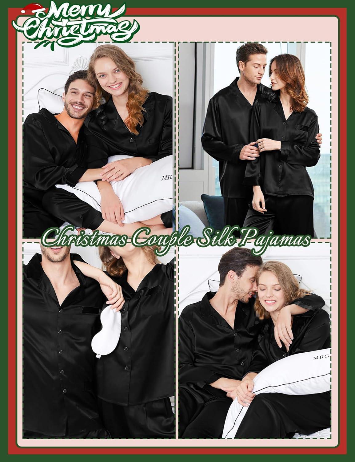 imageSWOMOG Couples Pajama Sets Men amp Women Satin Long Sleeve Sleepwear Silky Classic Button Down Soft Loungewear Pjs SetPure Black