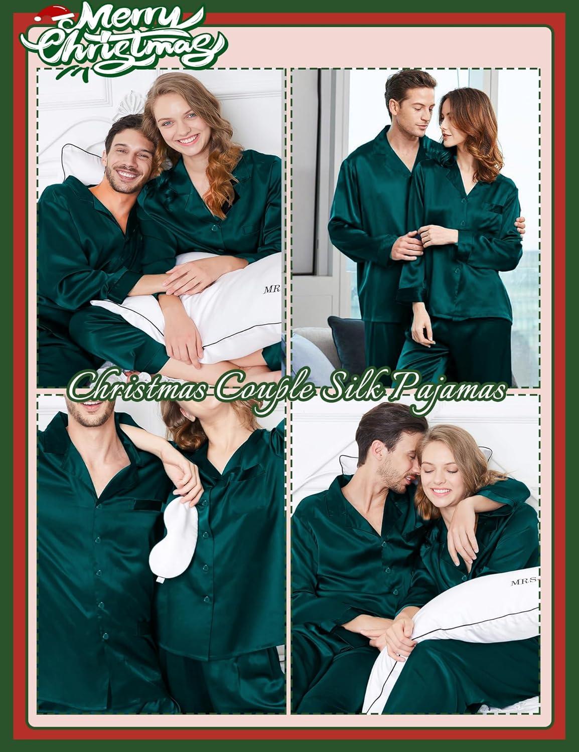 imageSWOMOG Couples Pajama Sets Men amp Women Satin Long Sleeve Sleepwear Silky Classic Button Down Soft Loungewear Pjs SetPure Dark Green