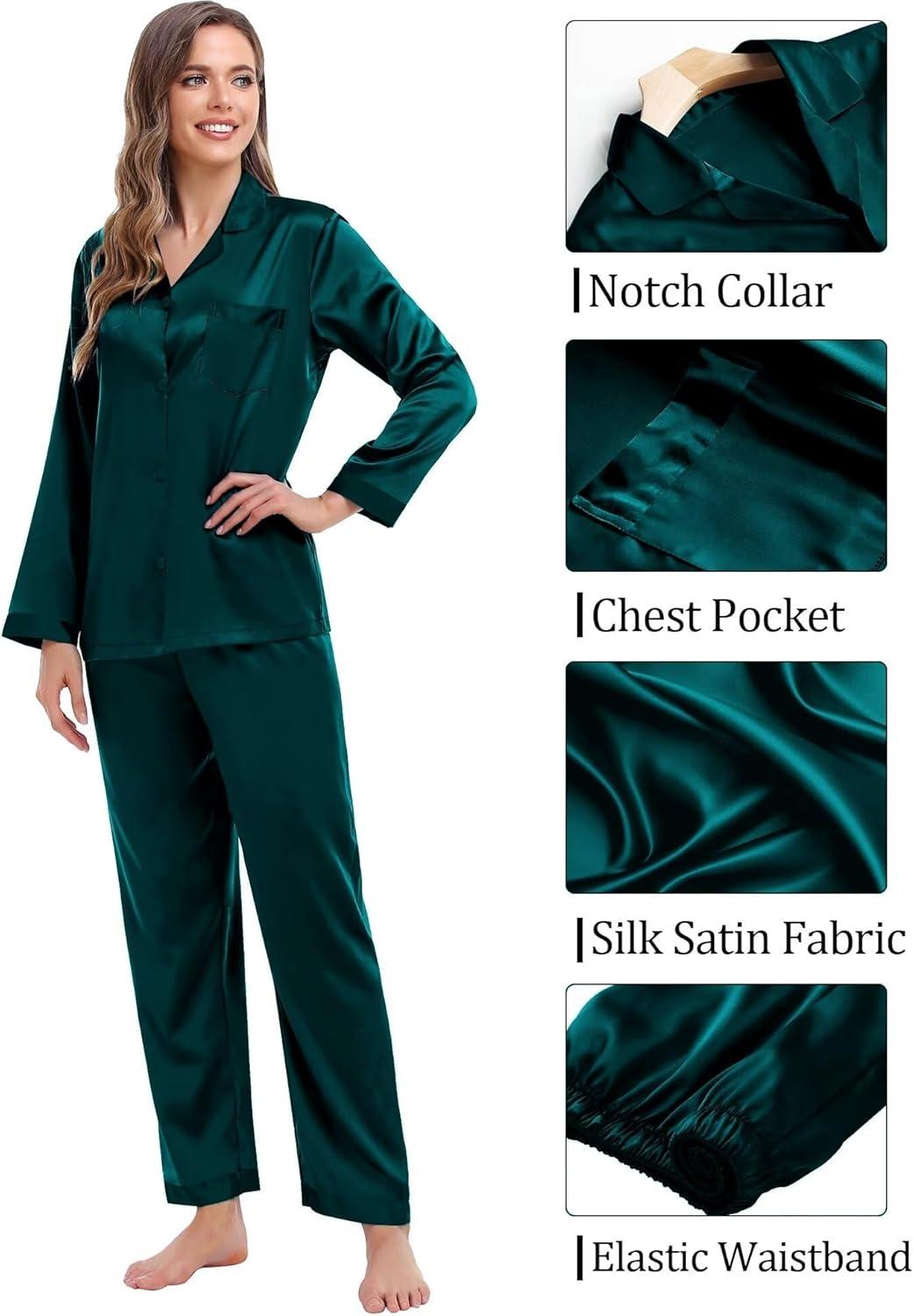 imageSWOMOG Couples Pajama Sets Men amp Women Satin Long Sleeve Sleepwear Silky Classic Button Down Soft Loungewear Pjs SetPure Dark Green