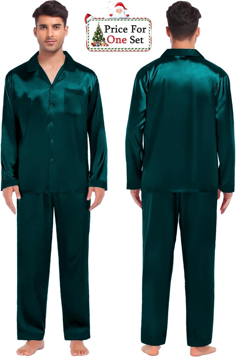 imageSWOMOG Couples Pajama Sets Men amp Women Satin Long Sleeve Sleepwear Silky Classic Button Down Soft Loungewear Pjs SetPure Dark Green