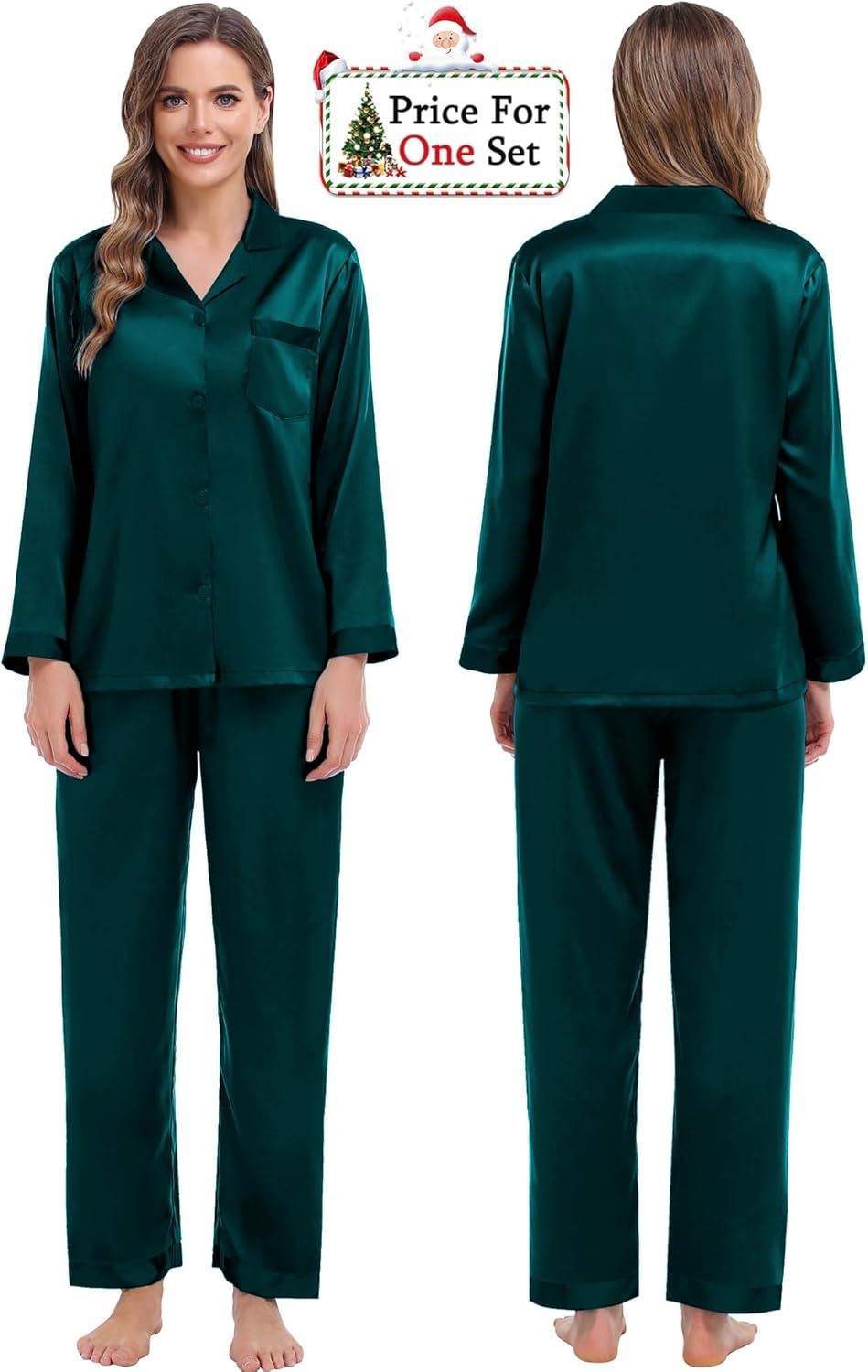 imageSWOMOG Couples Pajama Sets Men amp Women Satin Long Sleeve Sleepwear Silky Classic Button Down Soft Loungewear Pjs SetPure Dark Green