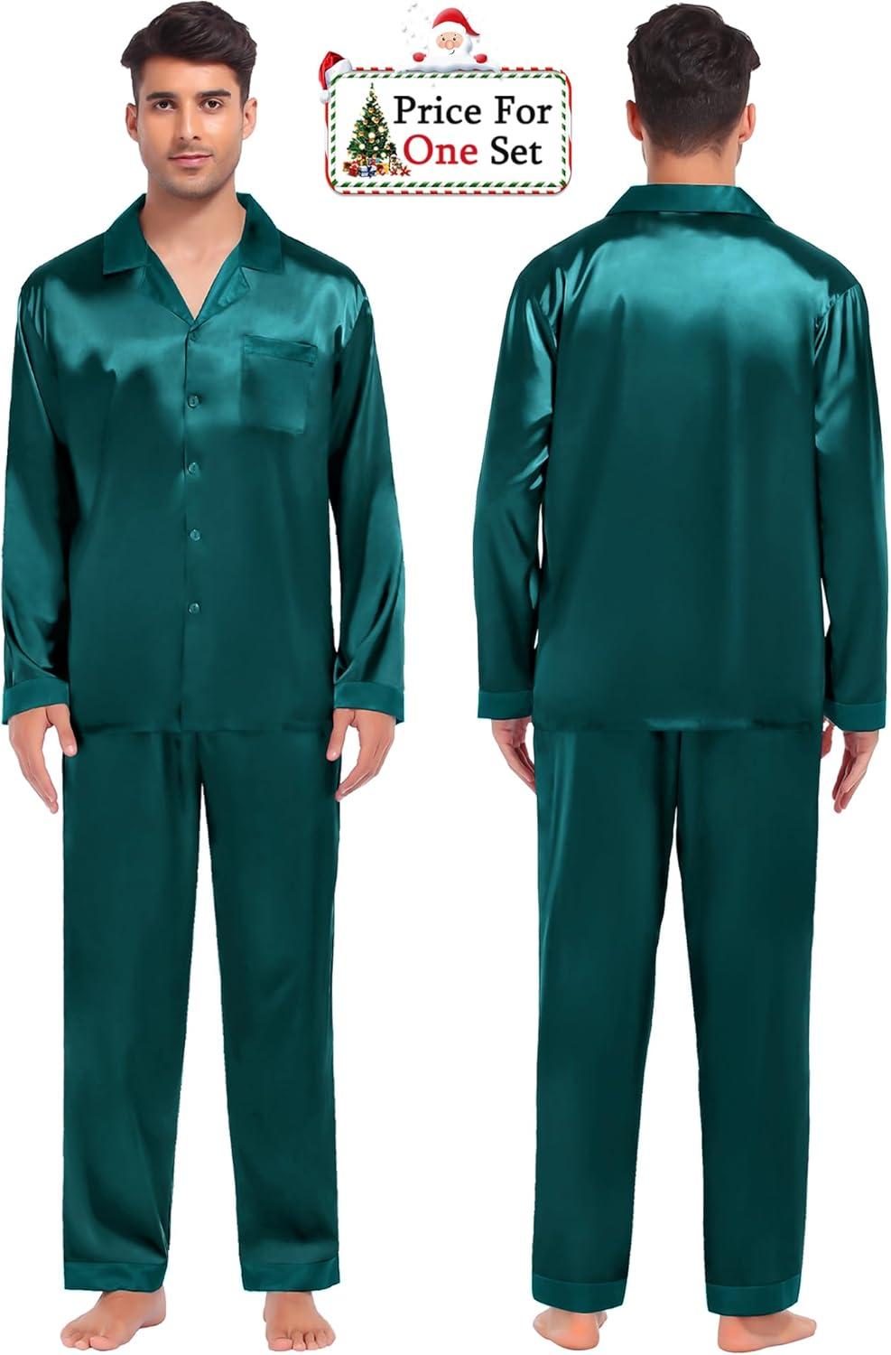 imageSWOMOG Couples Pajama Sets Men amp Women Satin Long Sleeve Sleepwear Silky Classic Button Down Soft Loungewear Pjs SetPure Green