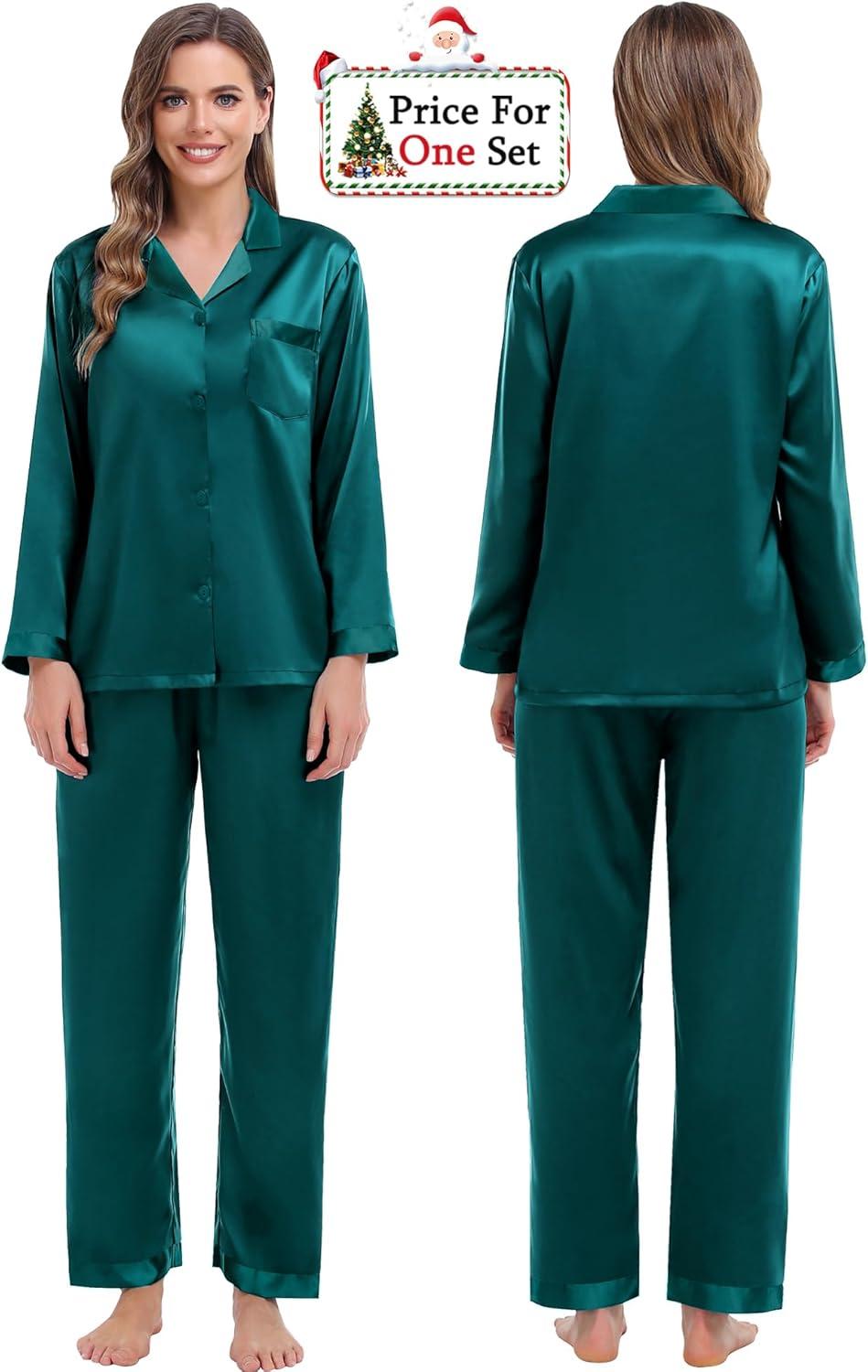 imageSWOMOG Couples Pajama Sets Men amp Women Satin Long Sleeve Sleepwear Silky Classic Button Down Soft Loungewear Pjs SetPure Green