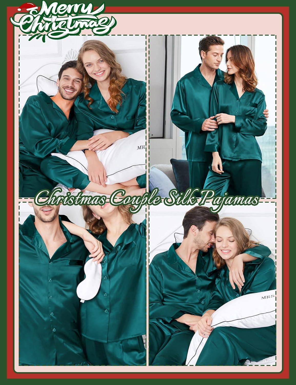 imageSWOMOG Couples Pajama Sets Men amp Women Satin Long Sleeve Sleepwear Silky Classic Button Down Soft Loungewear Pjs SetPure Green