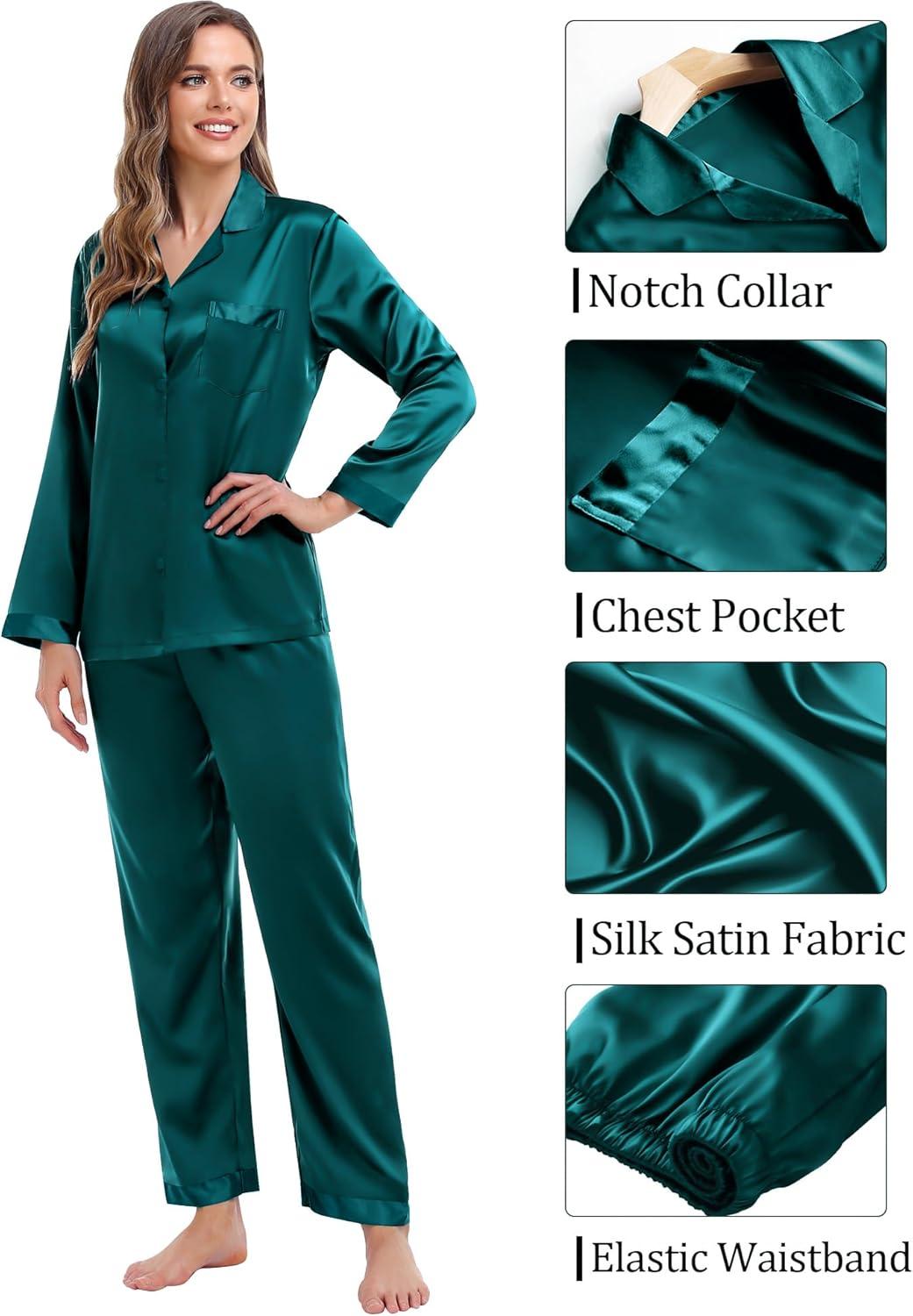imageSWOMOG Couples Pajama Sets Men amp Women Satin Long Sleeve Sleepwear Silky Classic Button Down Soft Loungewear Pjs SetPure Green