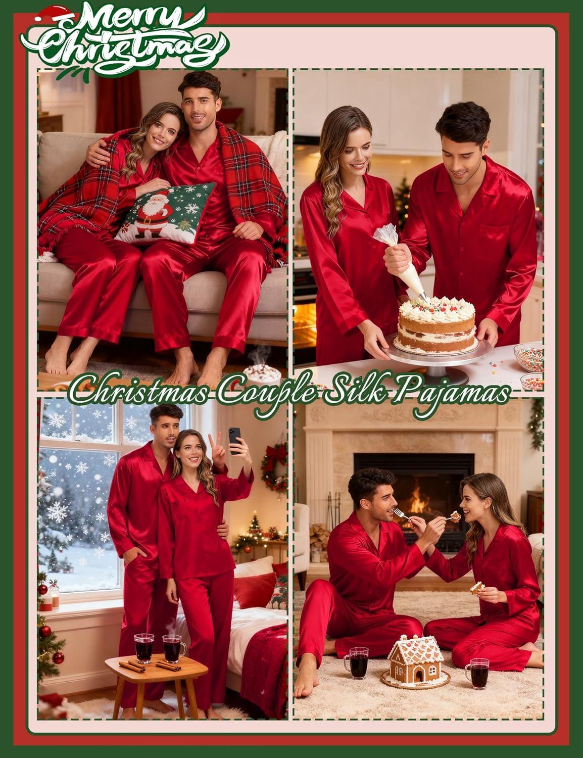 imageSWOMOG Couples Pajama Sets Men amp Women Satin Long Sleeve Sleepwear Silky Classic Button Down Soft Loungewear Pjs SetPure Red