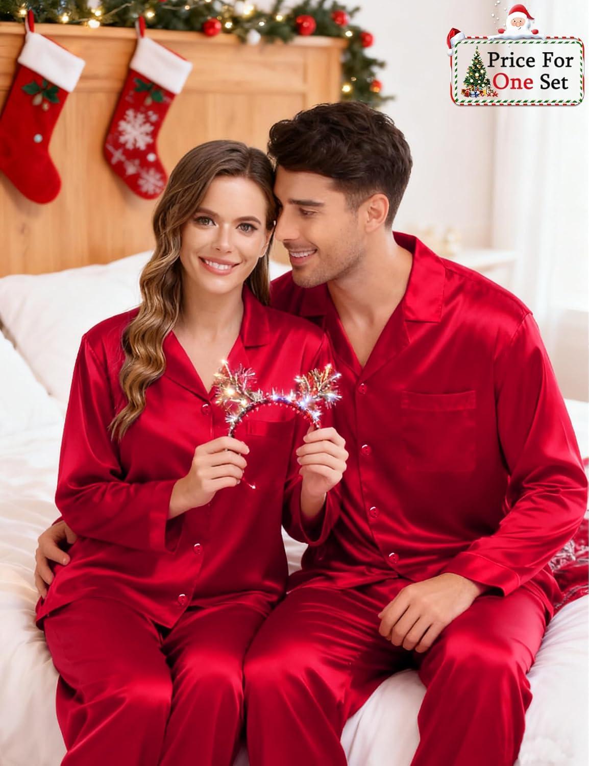 imageSWOMOG Couples Pajama Sets Men amp Women Satin Long Sleeve Sleepwear Silky Classic Button Down Soft Loungewear Pjs SetPure Red