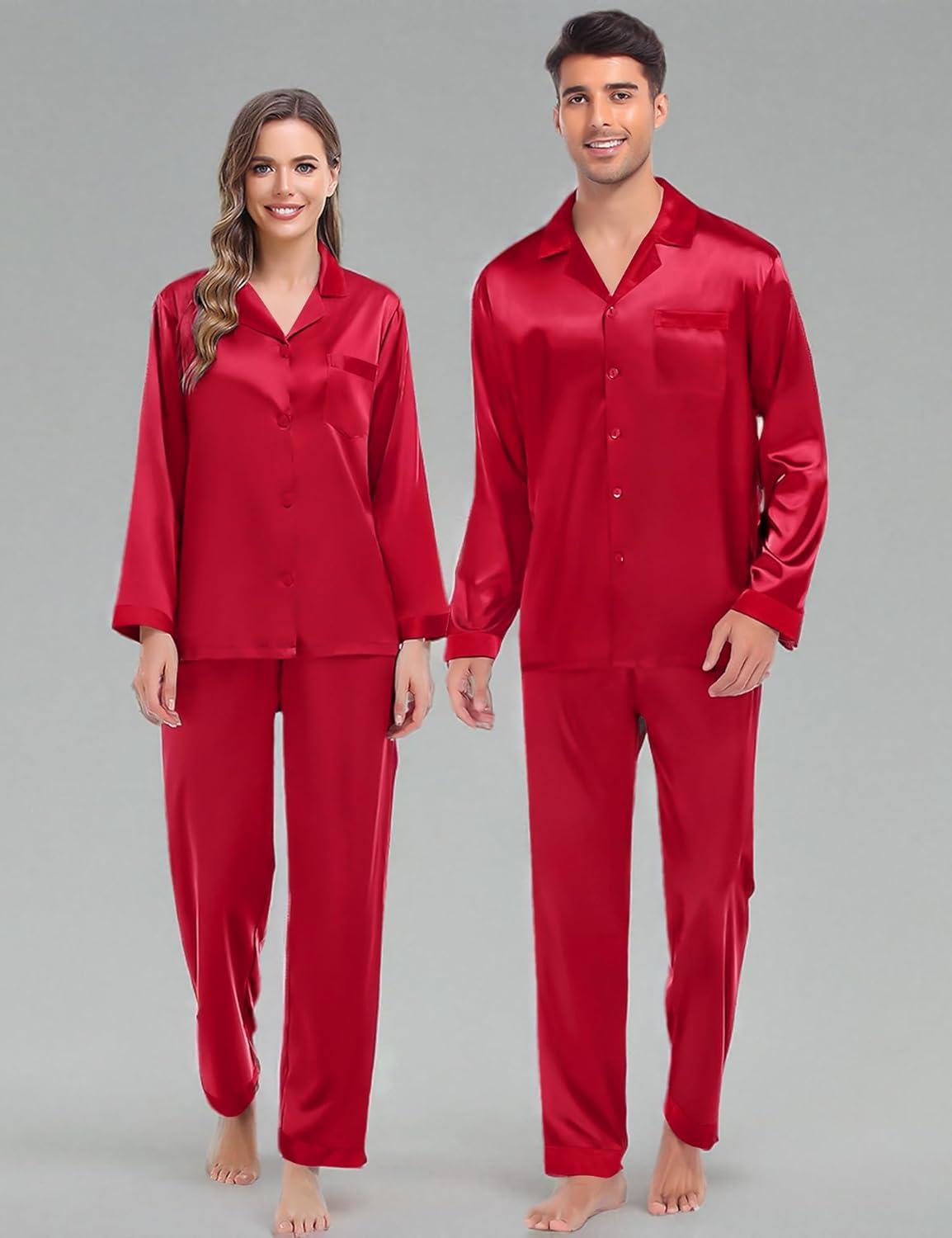 imageSWOMOG Couples Pajama Sets Men amp Women Satin Long Sleeve Sleepwear Silky Classic Button Down Soft Loungewear Pjs SetPure Red