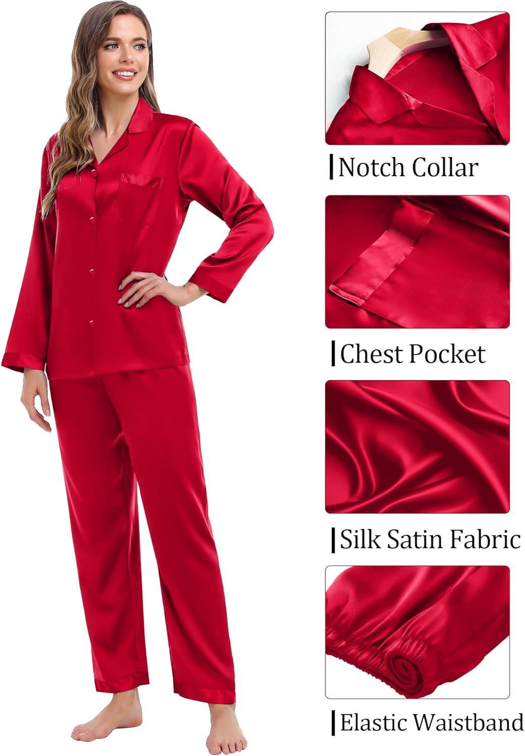 imageSWOMOG Couples Pajama Sets Men amp Women Satin Long Sleeve Sleepwear Silky Classic Button Down Soft Loungewear Pjs SetPure Red