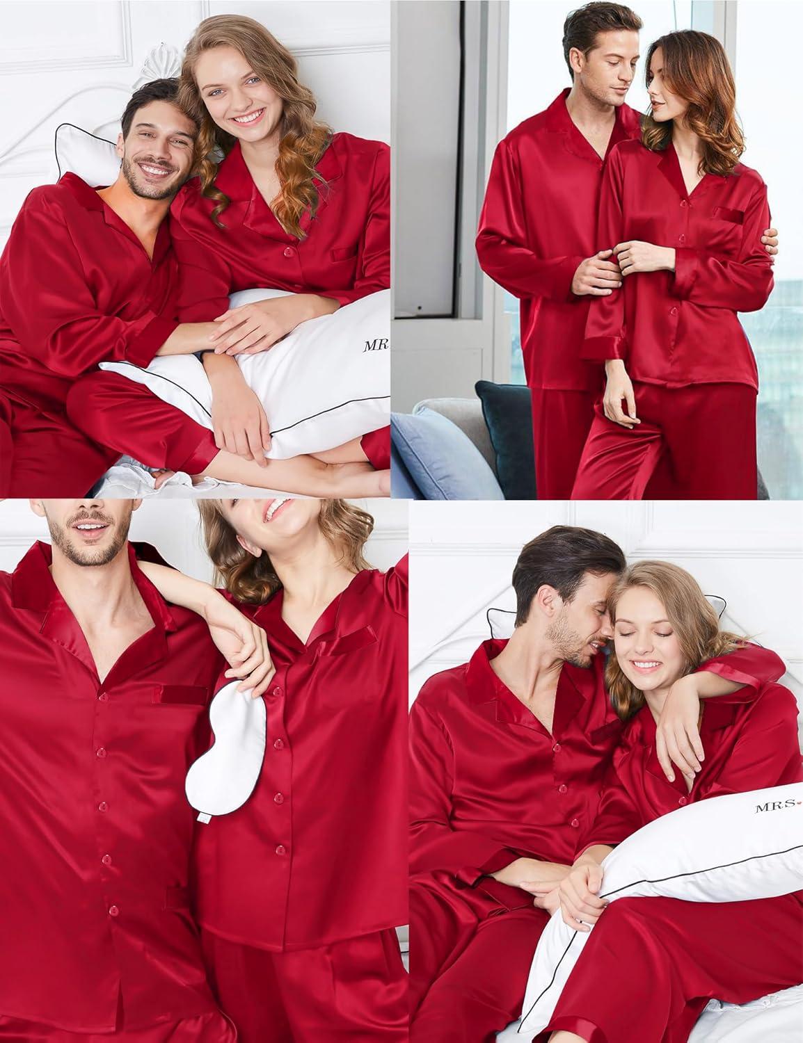 imageSWOMOG Couples Pajama Sets Men amp Women Satin Long Sleeve Sleepwear Silky Classic Button Down Soft Loungewear Pjs SetPure Red