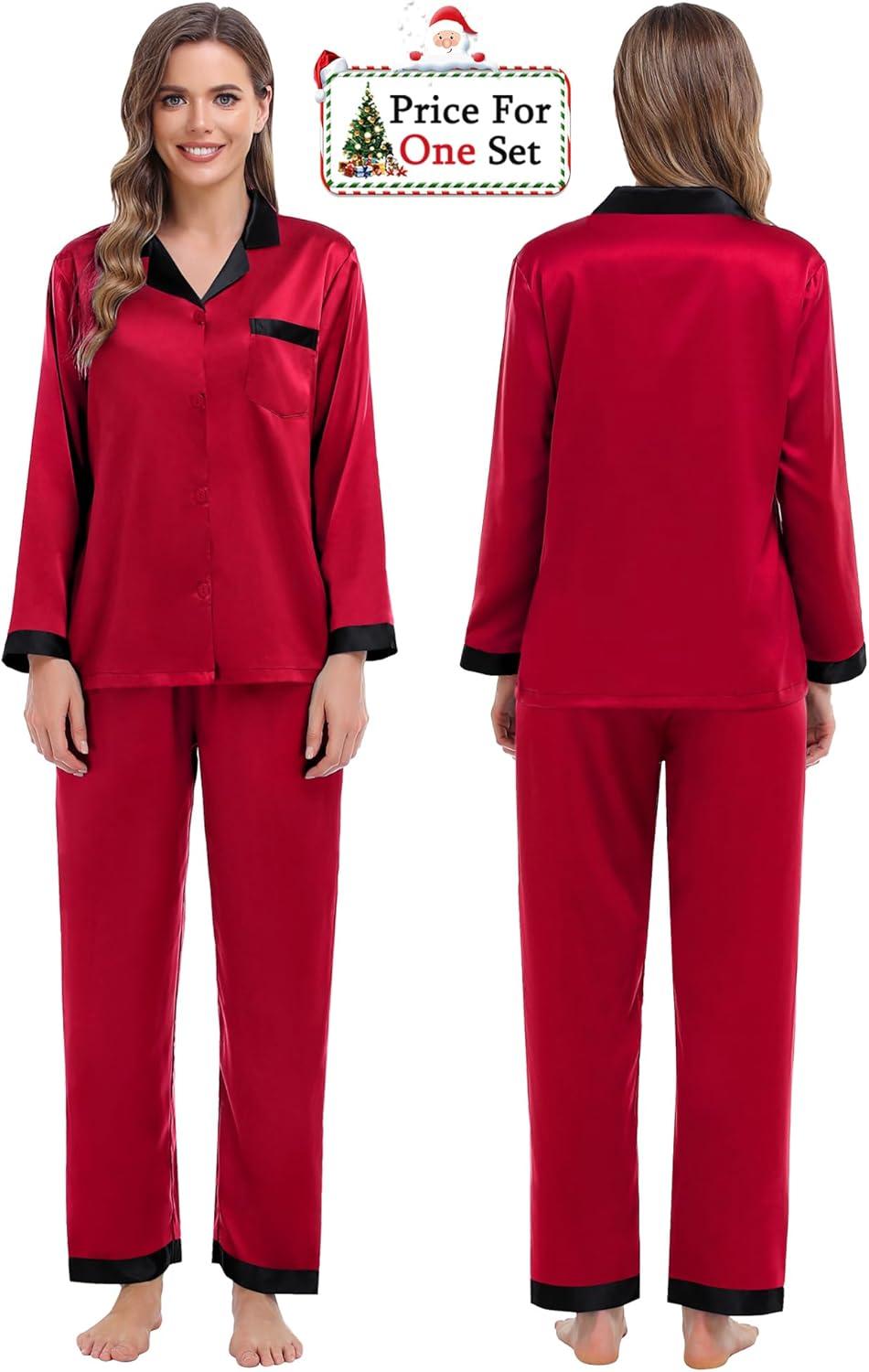 imageSWOMOG Couples Pajama Sets Men amp Women Satin Long Sleeve Sleepwear Silky Classic Button Down Soft Loungewear Pjs SetRed