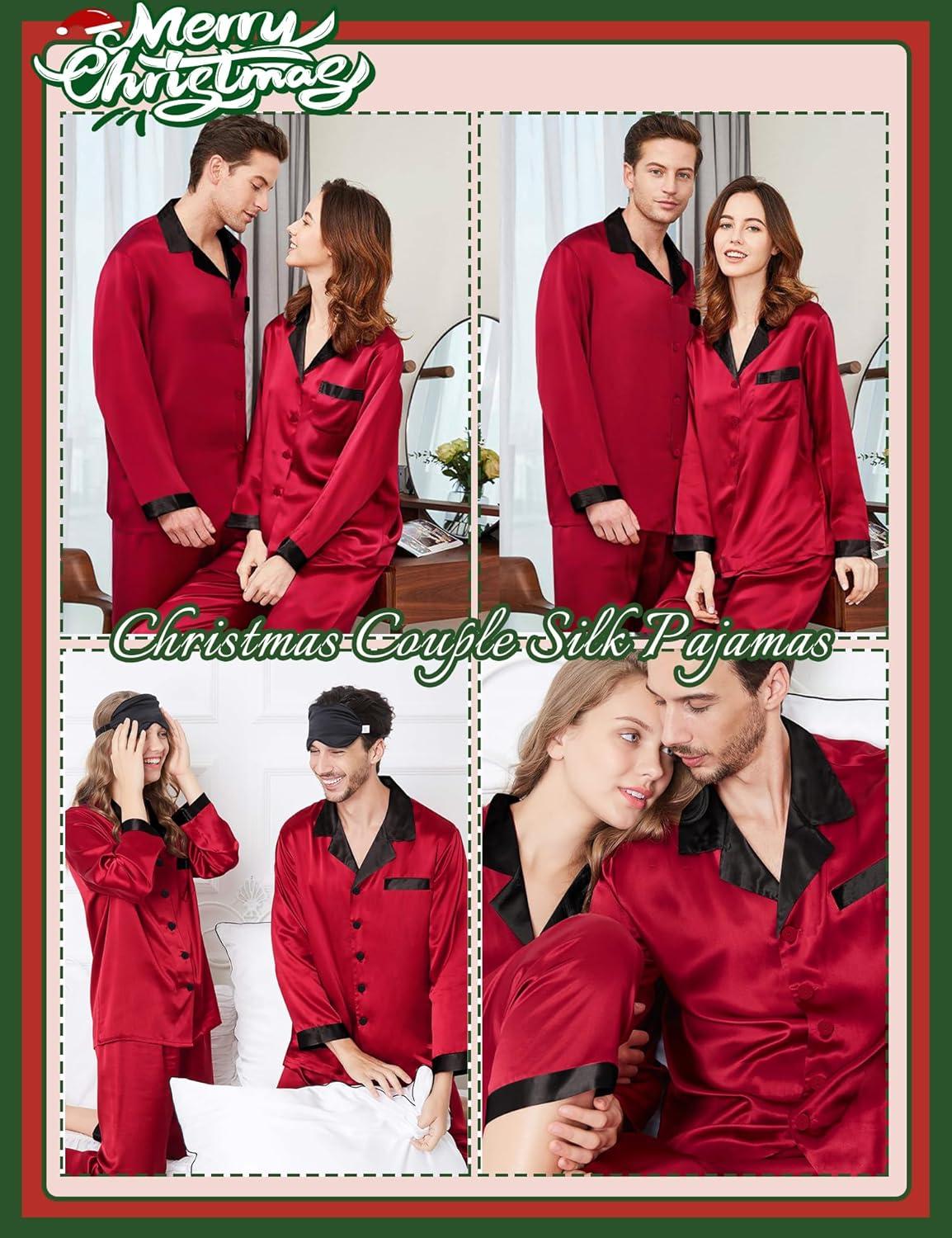 imageSWOMOG Couples Pajama Sets Men amp Women Satin Long Sleeve Sleepwear Silky Classic Button Down Soft Loungewear Pjs SetRed