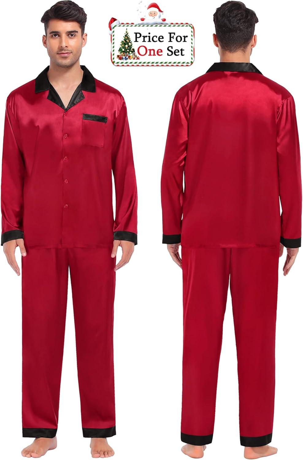 imageSWOMOG Couples Pajama Sets Men amp Women Satin Long Sleeve Sleepwear Silky Classic Button Down Soft Loungewear Pjs SetRed