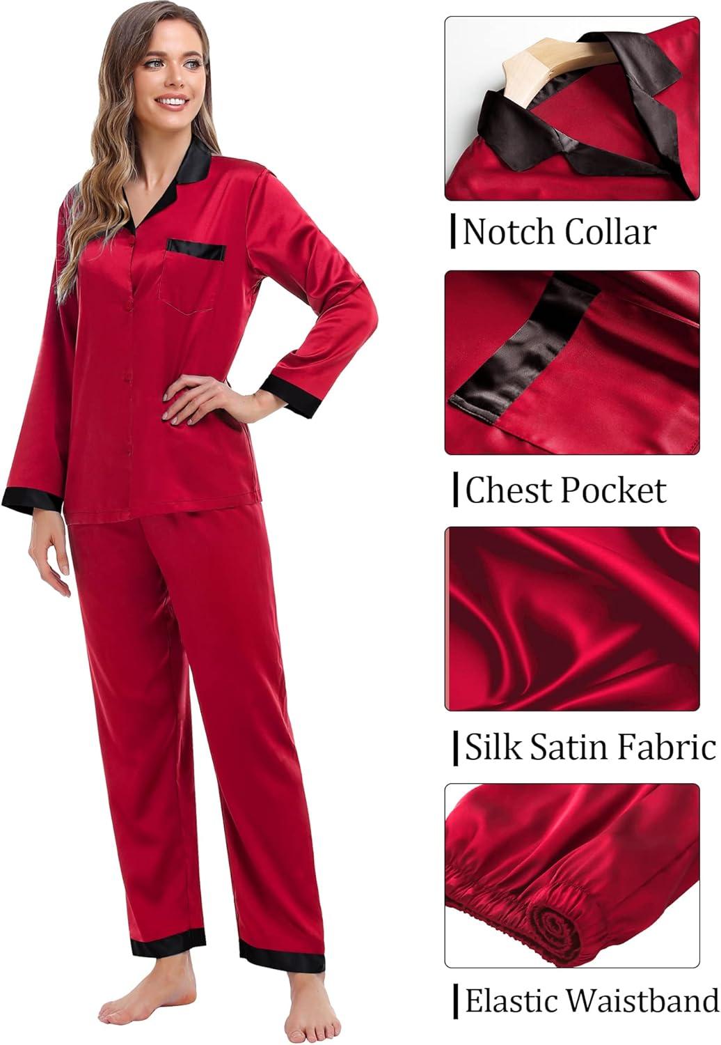 imageSWOMOG Couples Pajama Sets Men amp Women Satin Long Sleeve Sleepwear Silky Classic Button Down Soft Loungewear Pjs SetRed