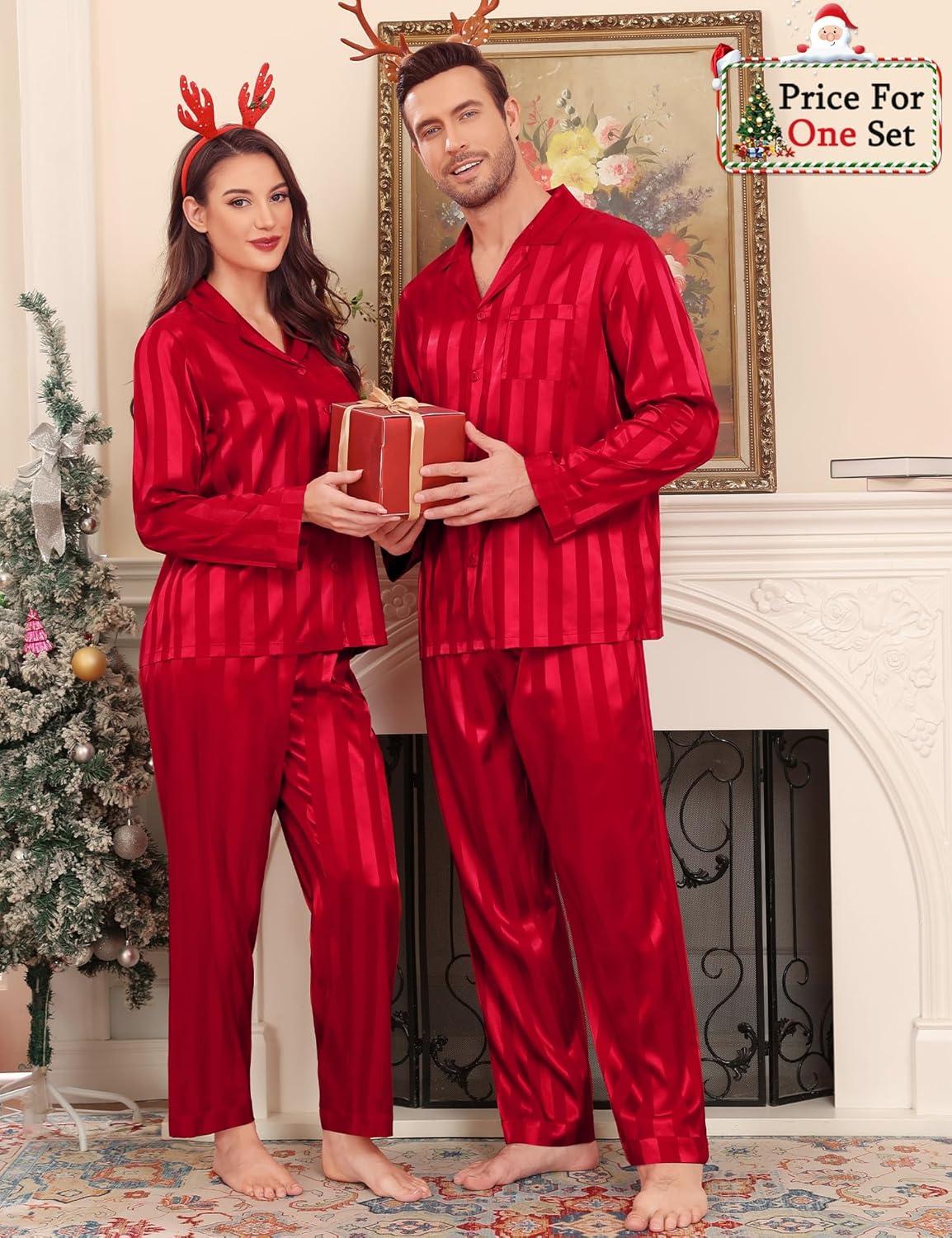 imageSWOMOG Couples Pajama Sets Men amp Women Satin Long Sleeve Sleepwear Silky Classic Button Down Soft Loungewear Pjs SetRed Striped