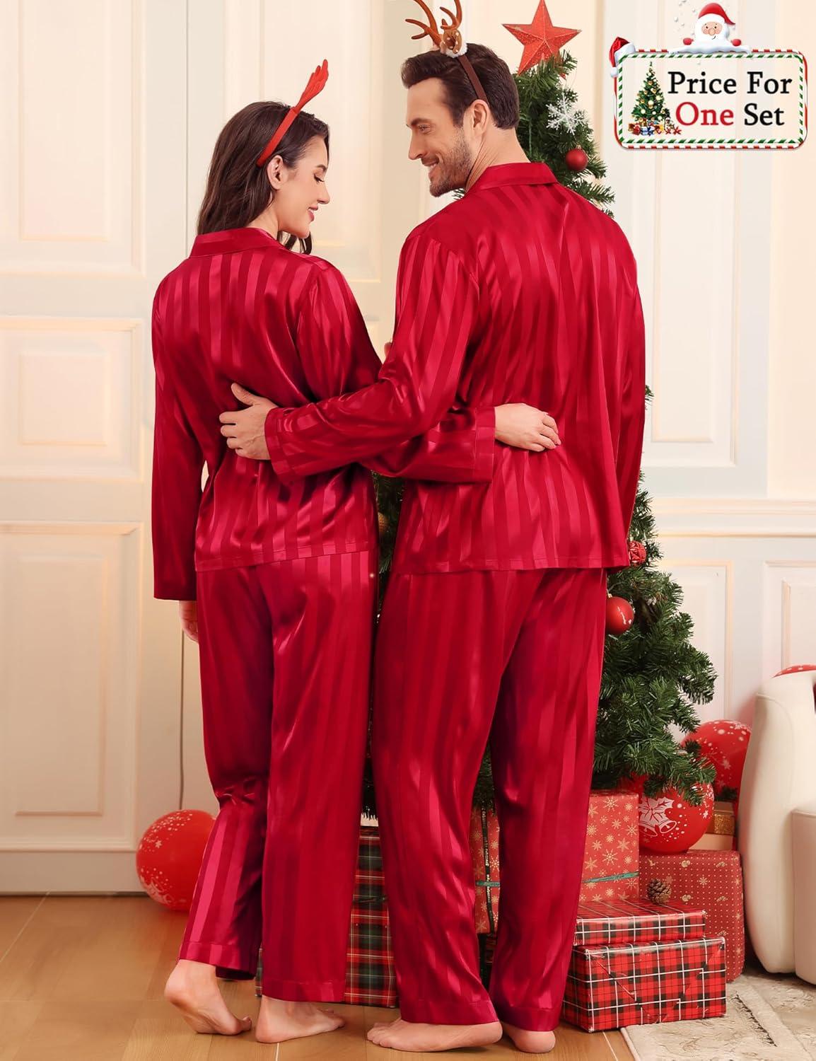 imageSWOMOG Couples Pajama Sets Men amp Women Satin Long Sleeve Sleepwear Silky Classic Button Down Soft Loungewear Pjs SetRed Striped