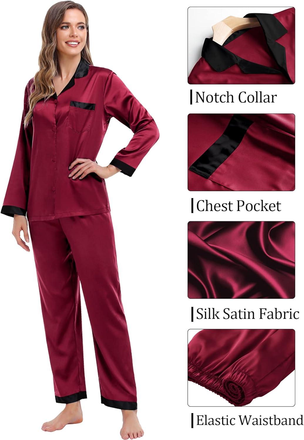 imageSWOMOG Couples Pajama Sets Men amp Women Satin Long Sleeve Sleepwear Silky Classic Button Down Soft Loungewear Pjs SetWine Red