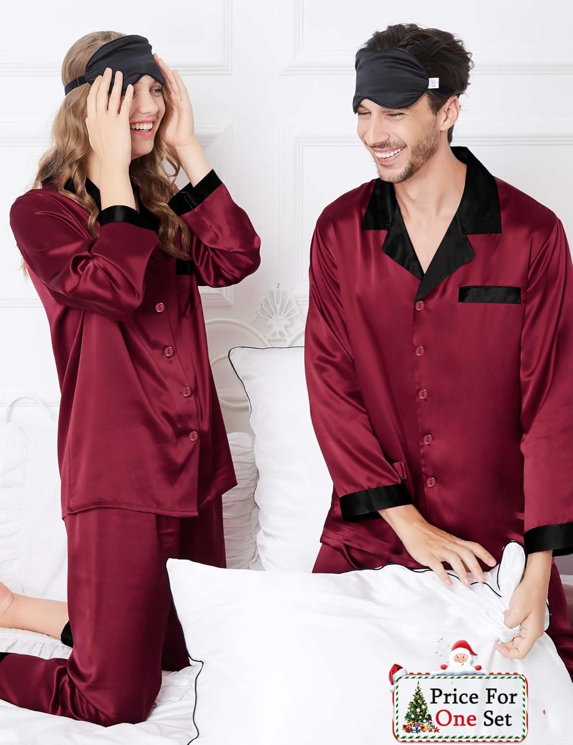 imageSWOMOG Couples Pajama Sets Men amp Women Satin Long Sleeve Sleepwear Silky Classic Button Down Soft Loungewear Pjs SetWine Red