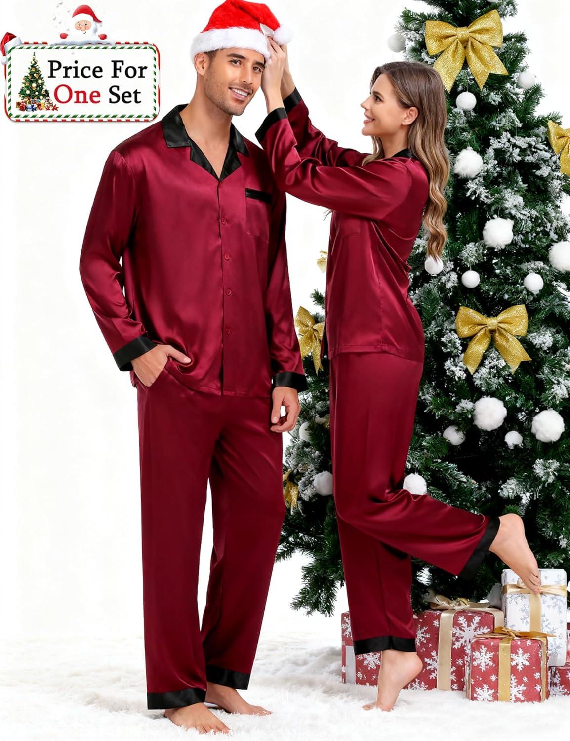 imageSWOMOG Couples Pajama Sets Men amp Women Satin Long Sleeve Sleepwear Silky Classic Button Down Soft Loungewear Pjs SetWine Red
