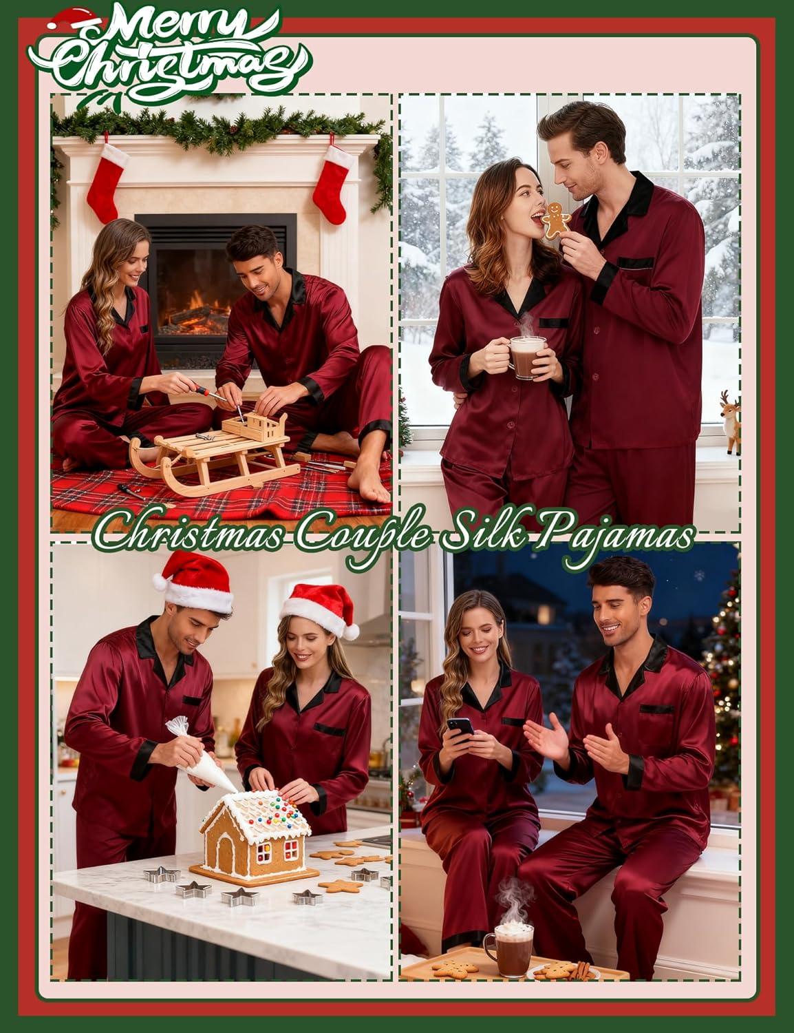 imageSWOMOG Couples Pajama Sets Men amp Women Satin Long Sleeve Sleepwear Silky Classic Button Down Soft Loungewear Pjs SetWine Red