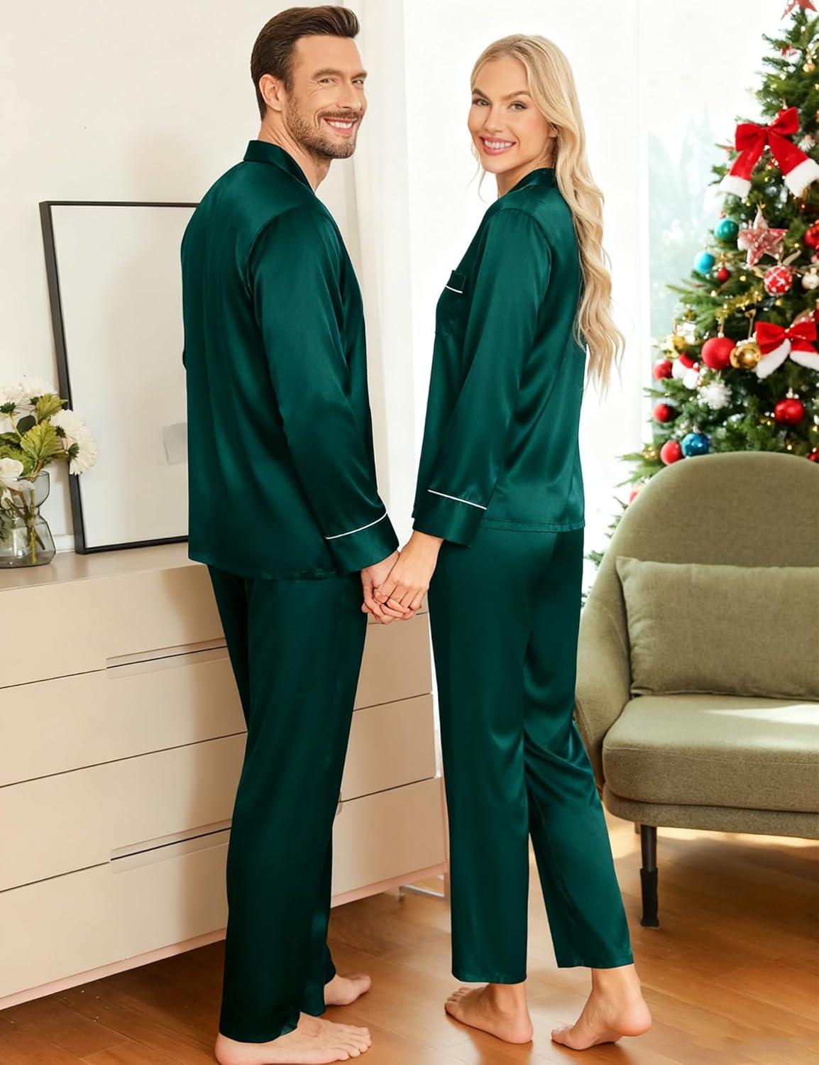 imageSWOMOG Couples Satin Pajamas Set Womens amp Mens Matching Silk Long Sleeve Sleepwear 2 Piece Button Down Pjs Set Lounge SetDeep Green