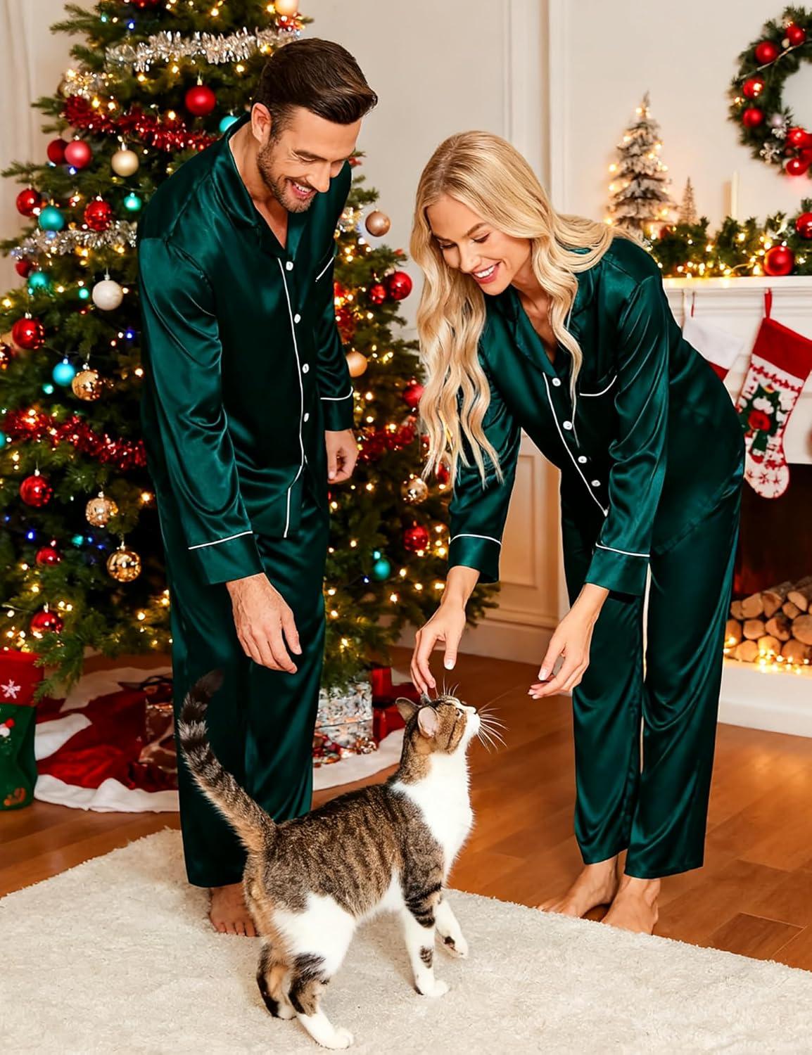 imageSWOMOG Couples Satin Pajamas Set Womens amp Mens Matching Silk Long Sleeve Sleepwear 2 Piece Button Down Pjs Set Lounge SetDeep Green