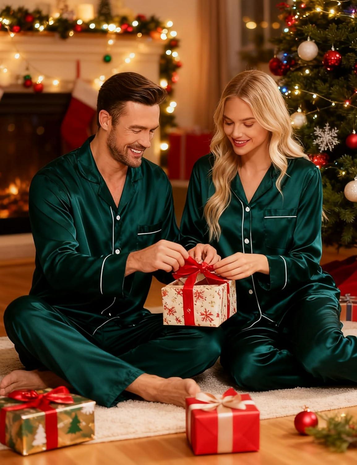 imageSWOMOG Couples Satin Pajamas Set Womens amp Mens Matching Silk Long Sleeve Sleepwear 2 Piece Button Down Pjs Set Lounge SetDeep Green