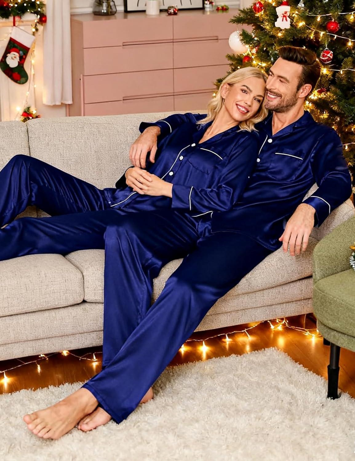 imageSWOMOG Couples Satin Pajamas Set Womens amp Mens Matching Silk Long Sleeve Sleepwear 2 Piece Button Down Pjs Set Lounge SetDeep Navy Blue