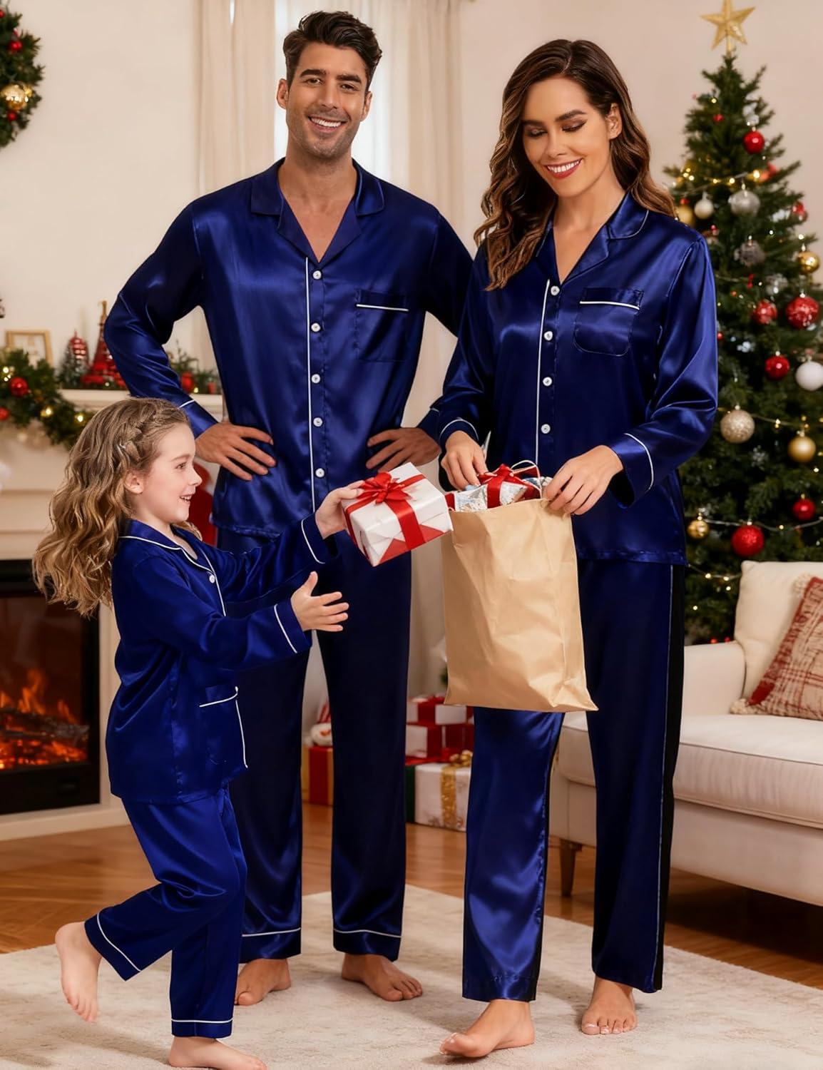 imageSWOMOG Couples Satin Pajamas Set Womens amp Mens Matching Silk Long Sleeve Sleepwear 2 Piece Button Down Pjs Set Lounge SetDeep Navy Blue