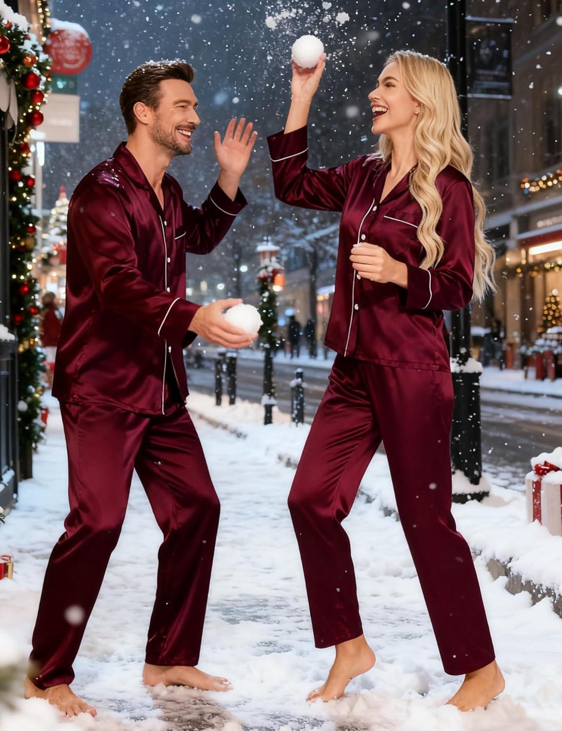 imageSWOMOG Couples Satin Pajamas Set Womens amp Mens Matching Silk Long Sleeve Sleepwear 2 Piece Button Down Pjs Set Lounge SetDeep Wine Red