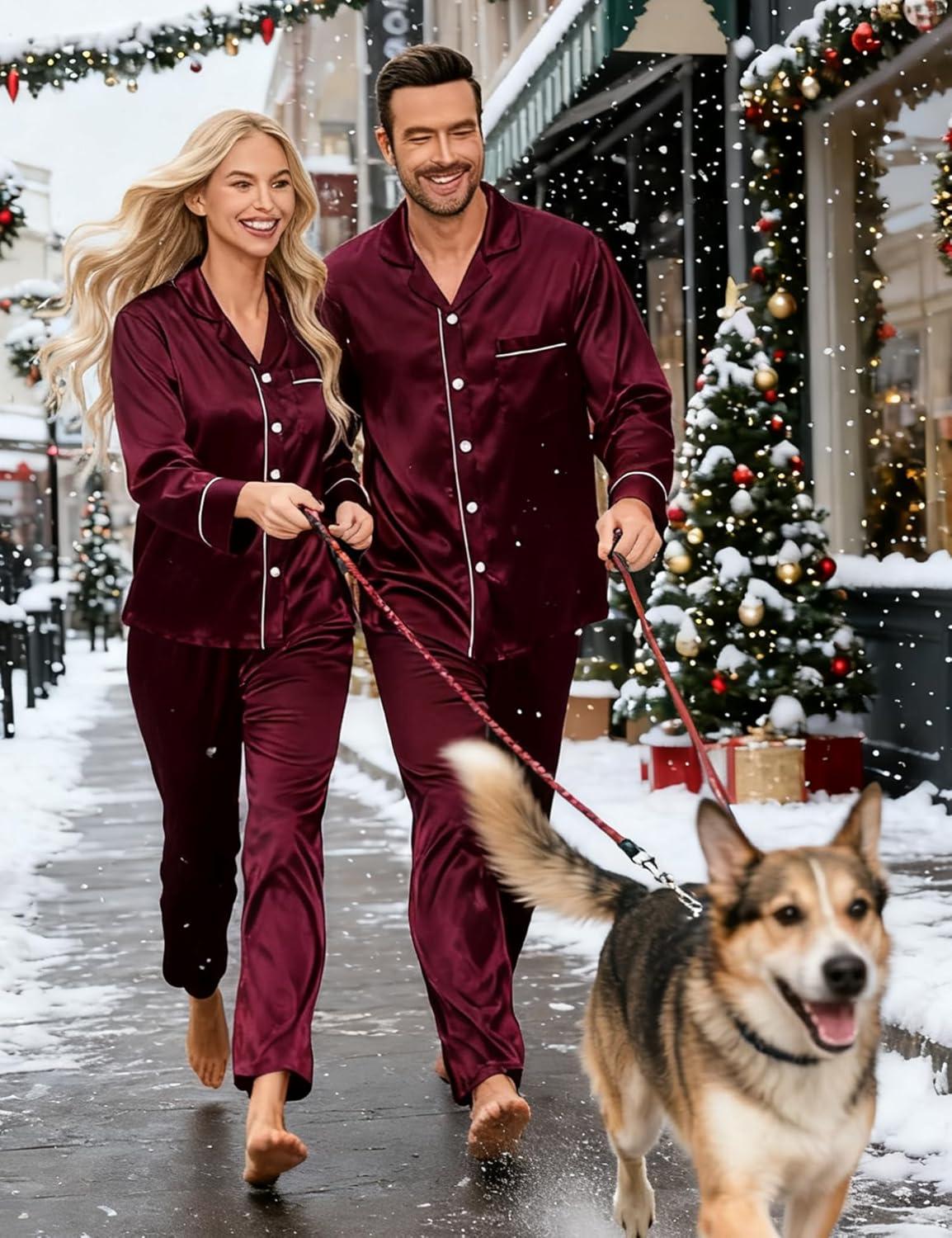 imageSWOMOG Couples Satin Pajamas Set Womens amp Mens Matching Silk Long Sleeve Sleepwear 2 Piece Button Down Pjs Set Lounge SetDeep Wine Red