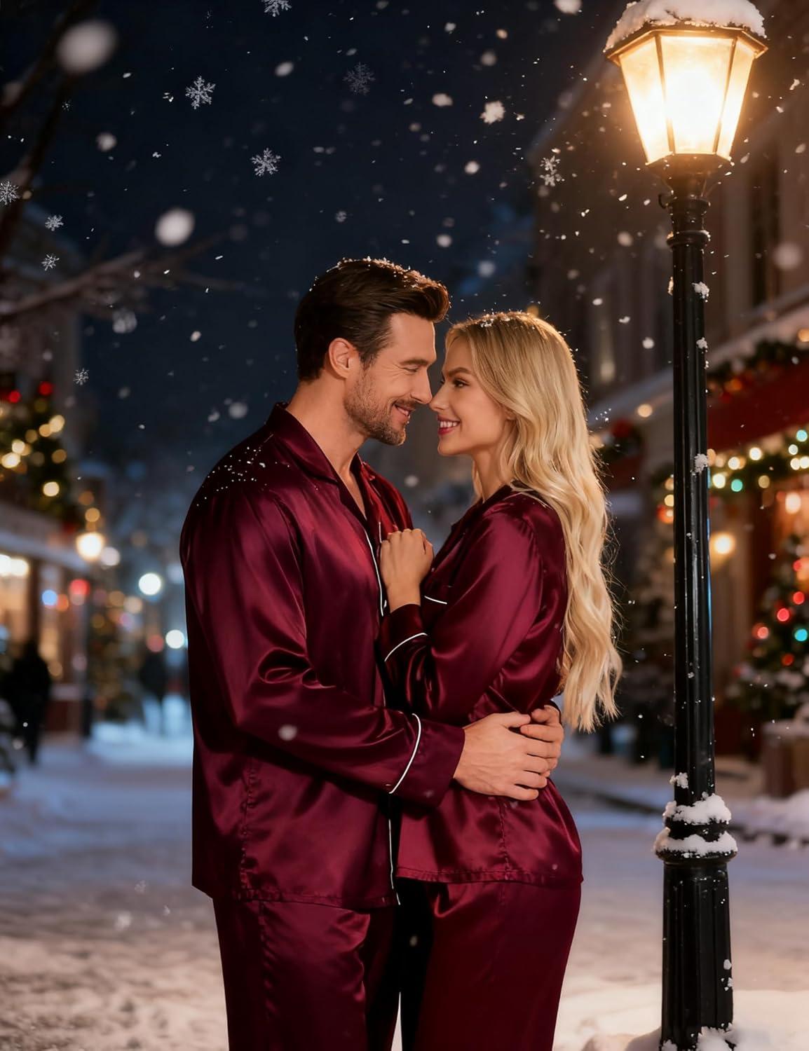 imageSWOMOG Couples Satin Pajamas Set Womens amp Mens Matching Silk Long Sleeve Sleepwear 2 Piece Button Down Pjs Set Lounge SetDeep Wine Red