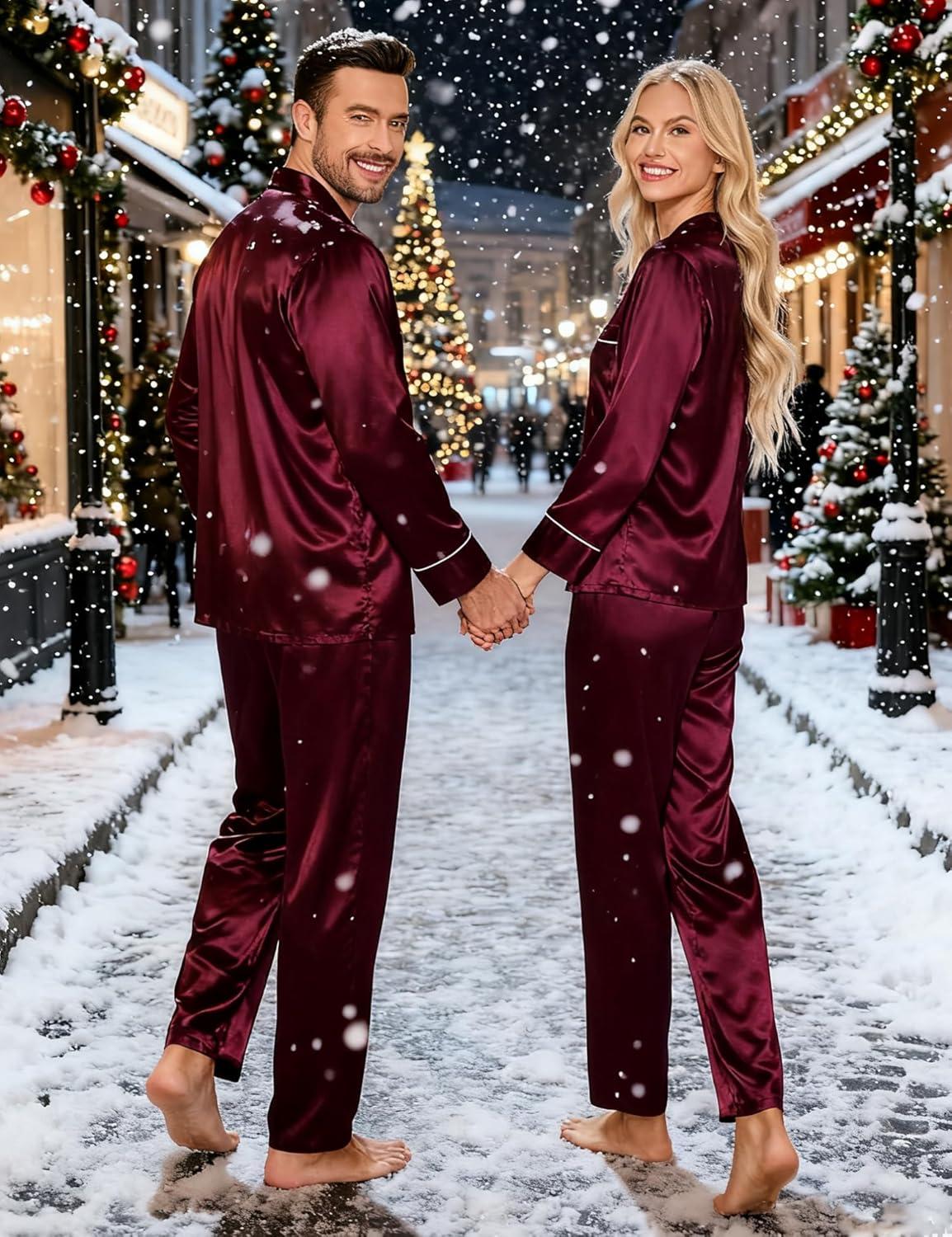 imageSWOMOG Couples Satin Pajamas Set Womens amp Mens Matching Silk Long Sleeve Sleepwear 2 Piece Button Down Pjs Set Lounge SetDeep Wine Red