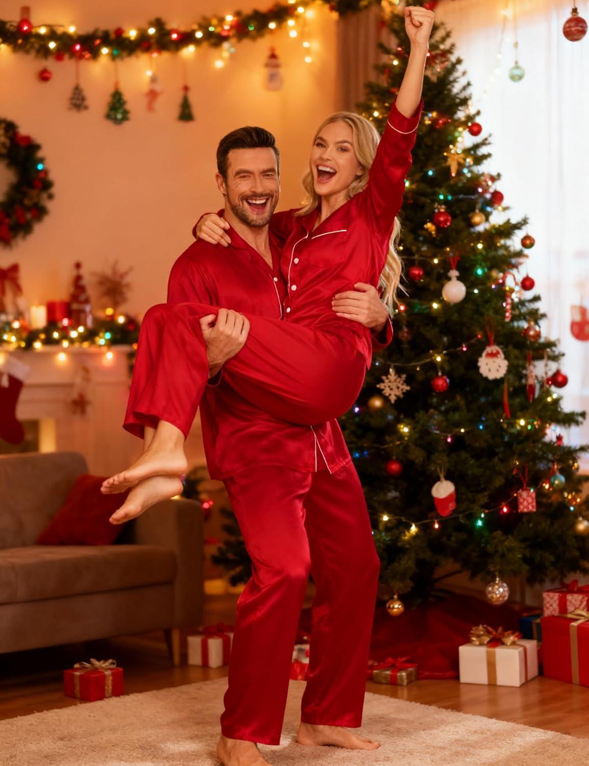 imageSWOMOG Couples Satin Pajamas Set Womens amp Mens Matching Silk Long Sleeve Sleepwear 2 Piece Button Down Pjs Set Lounge SetRed