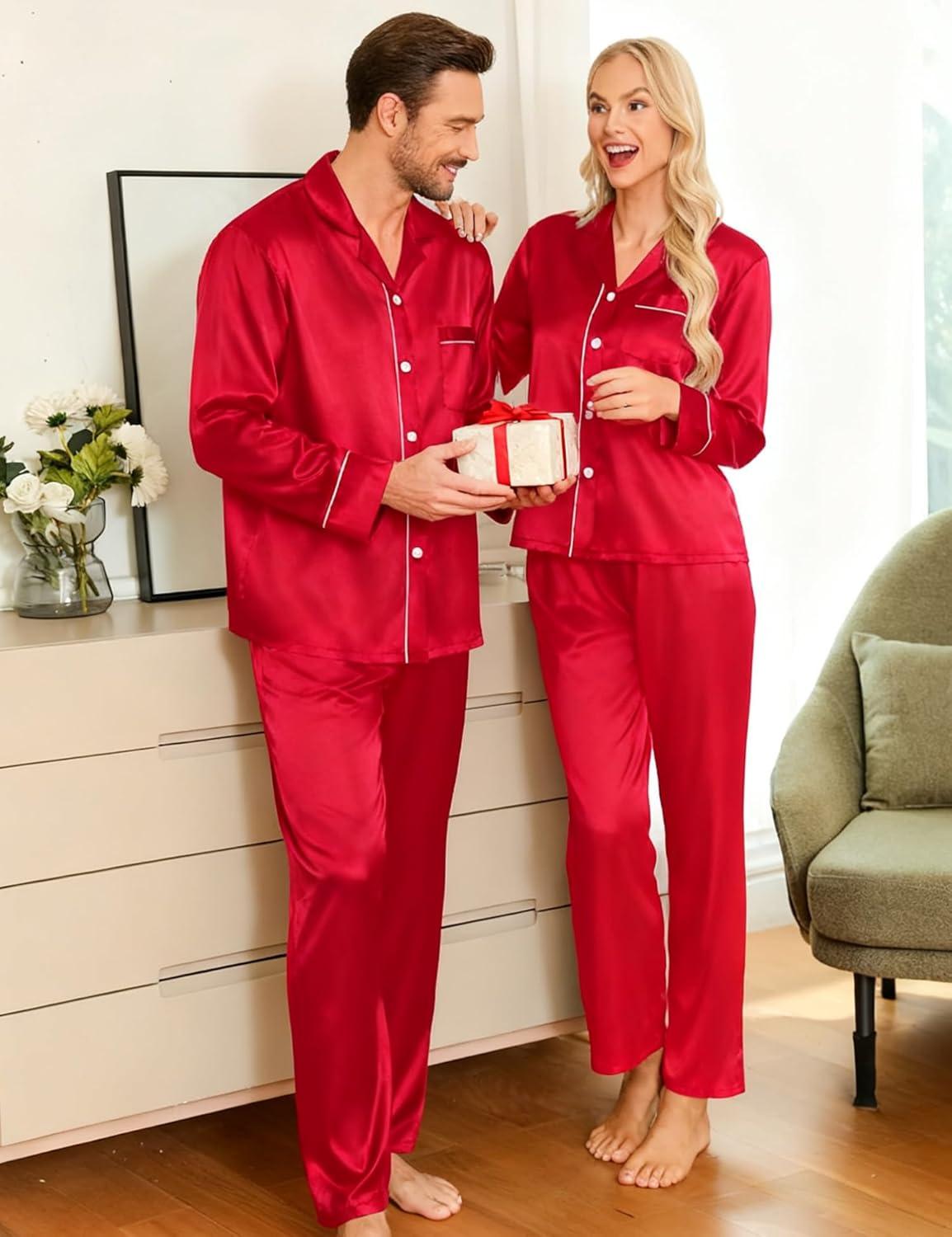 imageSWOMOG Couples Satin Pajamas Set Womens amp Mens Matching Silk Long Sleeve Sleepwear 2 Piece Button Down Pjs Set Lounge SetRed