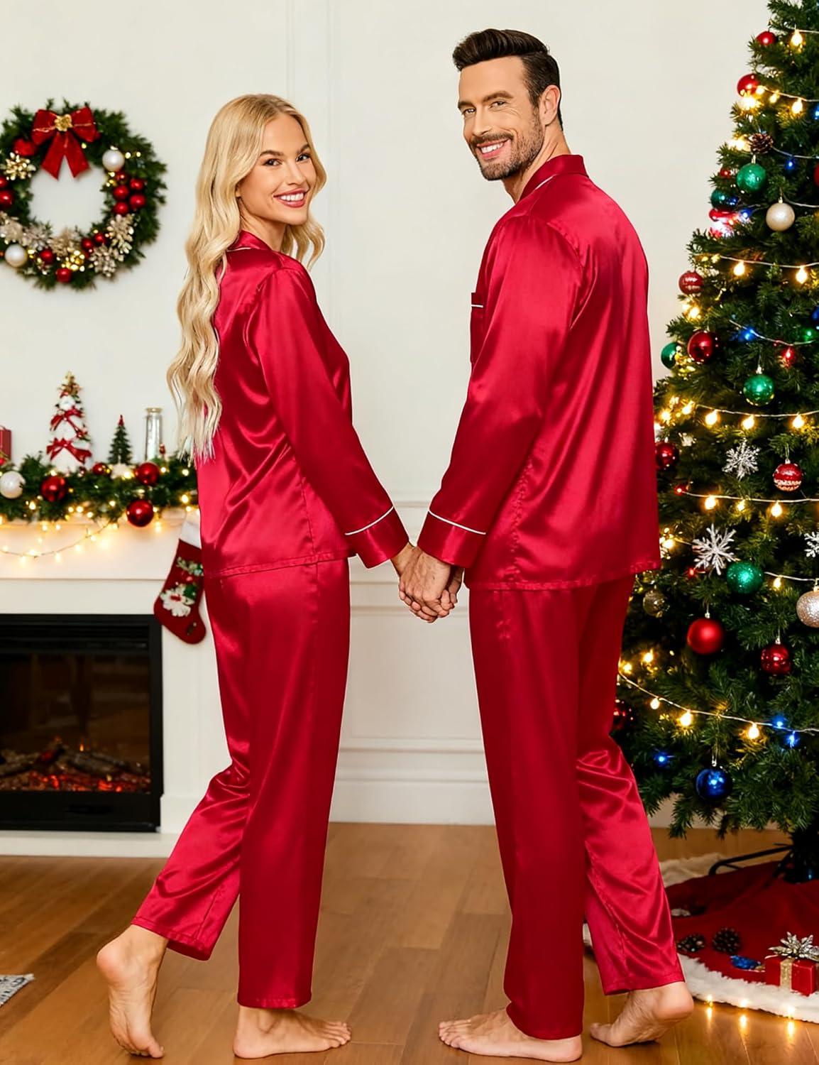 imageSWOMOG Couples Satin Pajamas Set Womens amp Mens Matching Silk Long Sleeve Sleepwear 2 Piece Button Down Pjs Set Lounge SetRed