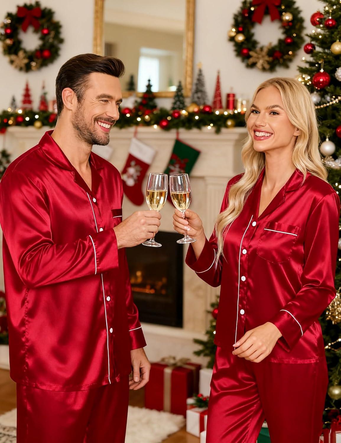 imageSWOMOG Couples Satin Pajamas Set Womens amp Mens Matching Silk Long Sleeve Sleepwear 2 Piece Button Down Pjs Set Lounge SetRed