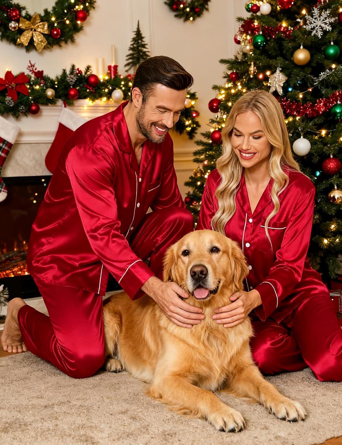 imageSWOMOG Couples Satin Pajamas Set Womens amp Mens Matching Silk Long Sleeve Sleepwear 2 Piece Button Down Pjs Set Lounge SetRed