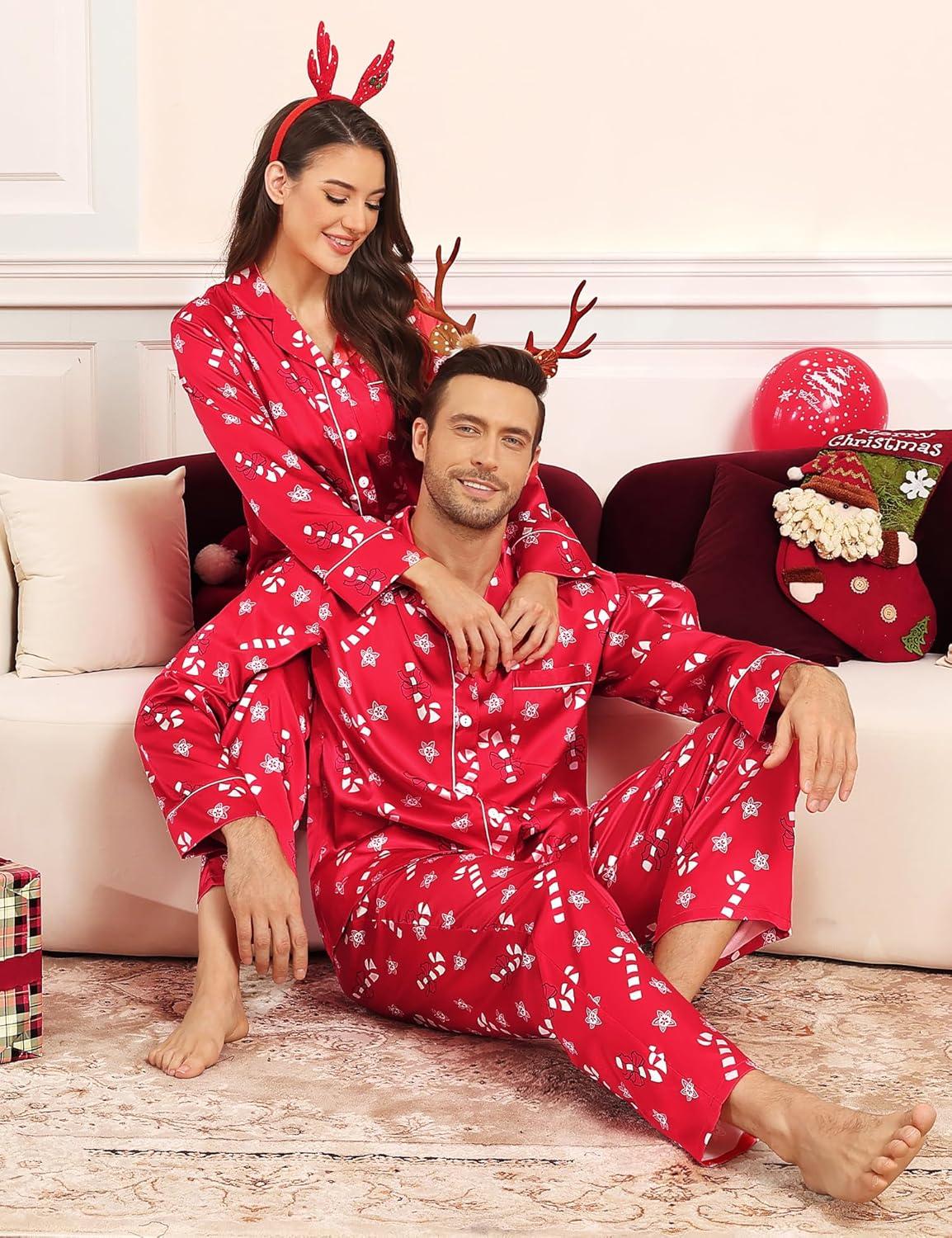 imageSWOMOG Couples Satin Pajamas Set Womens amp Mens Matching Silk Long Sleeve Sleepwear 2 Piece Button Down Pjs Set Lounge SetRed Candy