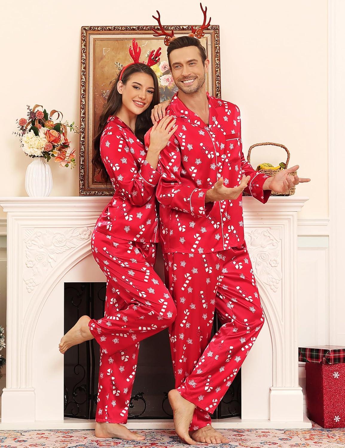 imageSWOMOG Couples Satin Pajamas Set Womens amp Mens Matching Silk Long Sleeve Sleepwear 2 Piece Button Down Pjs Set Lounge SetRed Candy