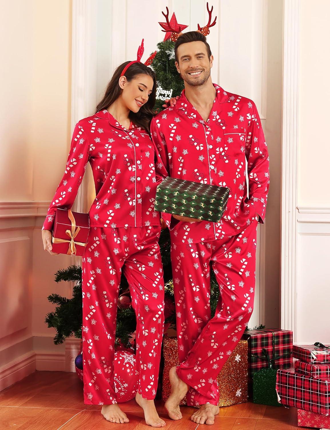 imageSWOMOG Couples Satin Pajamas Set Womens amp Mens Matching Silk Long Sleeve Sleepwear 2 Piece Button Down Pjs Set Lounge SetRed Candy