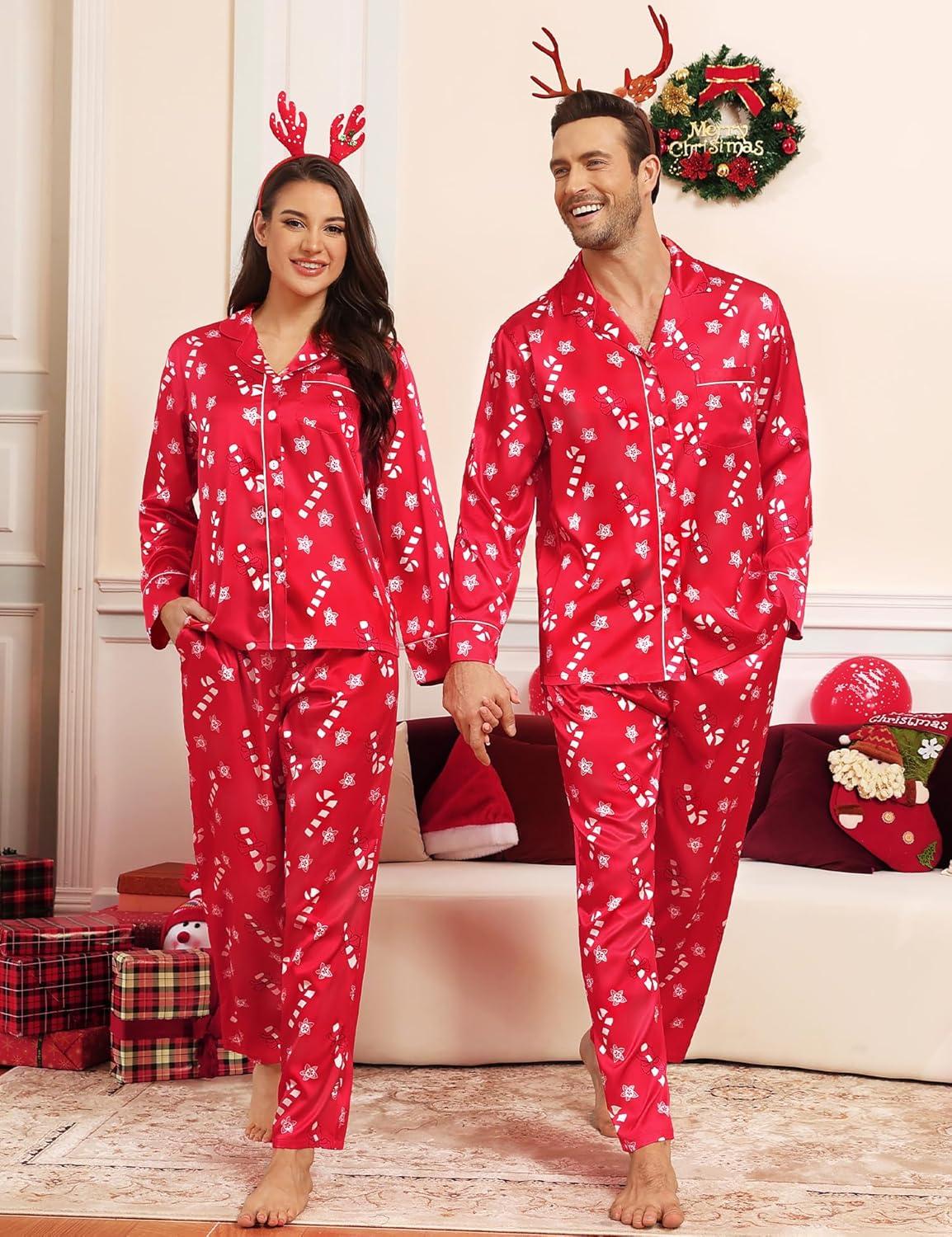 imageSWOMOG Couples Satin Pajamas Set Womens amp Mens Matching Silk Long Sleeve Sleepwear 2 Piece Button Down Pjs Set Lounge SetRed Candy