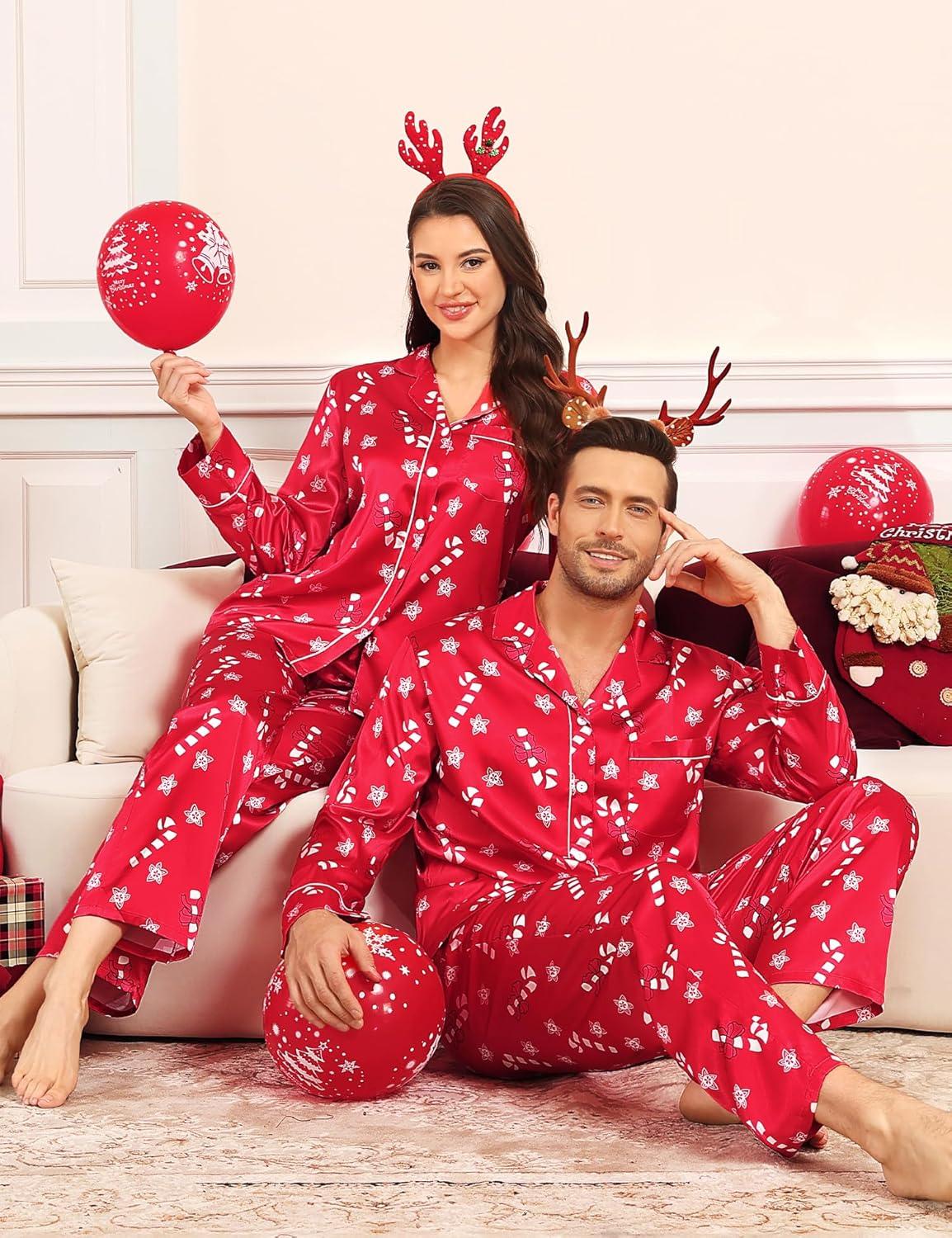 imageSWOMOG Couples Satin Pajamas Set Womens amp Mens Matching Silk Long Sleeve Sleepwear 2 Piece Button Down Pjs Set Lounge SetRed Candy