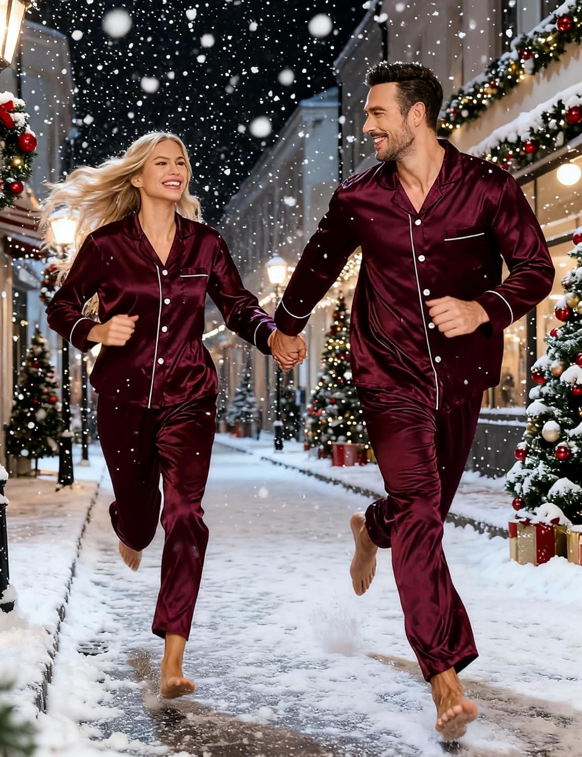 imageSWOMOG Couples Satin Pajamas Set Womens amp Mens Matching Silk Long Sleeve Sleepwear 2 Piece Button Down Pjs Set Lounge SetWine Red