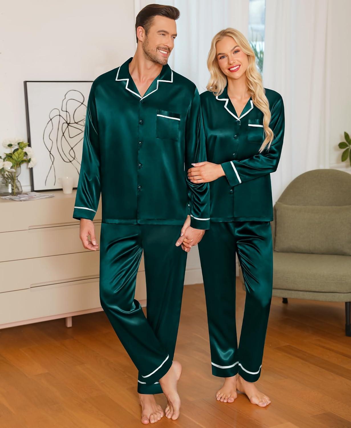 imageSWOMOG Family Christmas Pajamas Matching Sets Silk Family Pajamas Long Sleeve Button Down Pj SetDark Green