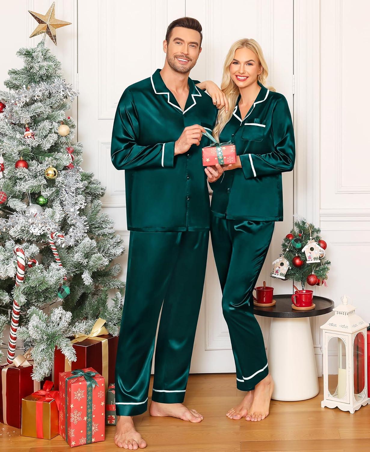 imageSWOMOG Family Christmas Pajamas Matching Sets Silk Family Pajamas Long Sleeve Button Down Pj SetDark Green