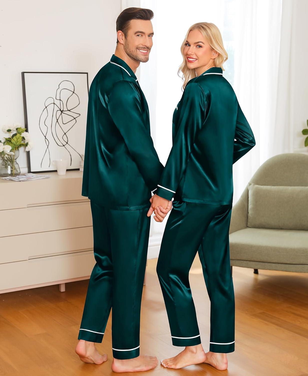 imageSWOMOG Family Christmas Pajamas Matching Sets Silk Family Pajamas Long Sleeve Button Down Pj SetDark Green