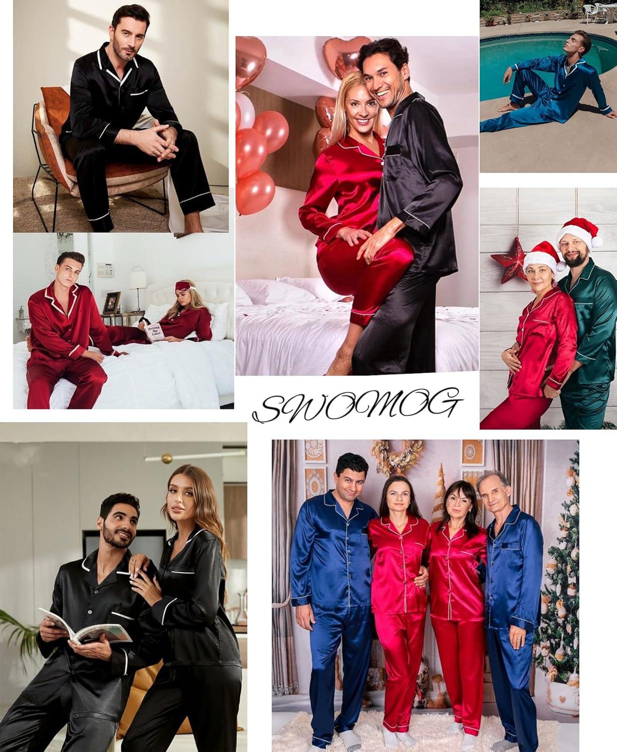 imageSWOMOG Family Christmas Pajamas Matching Sets Silk Family Pajamas Long Sleeve Button Down Pj SetDeep Navy Blue