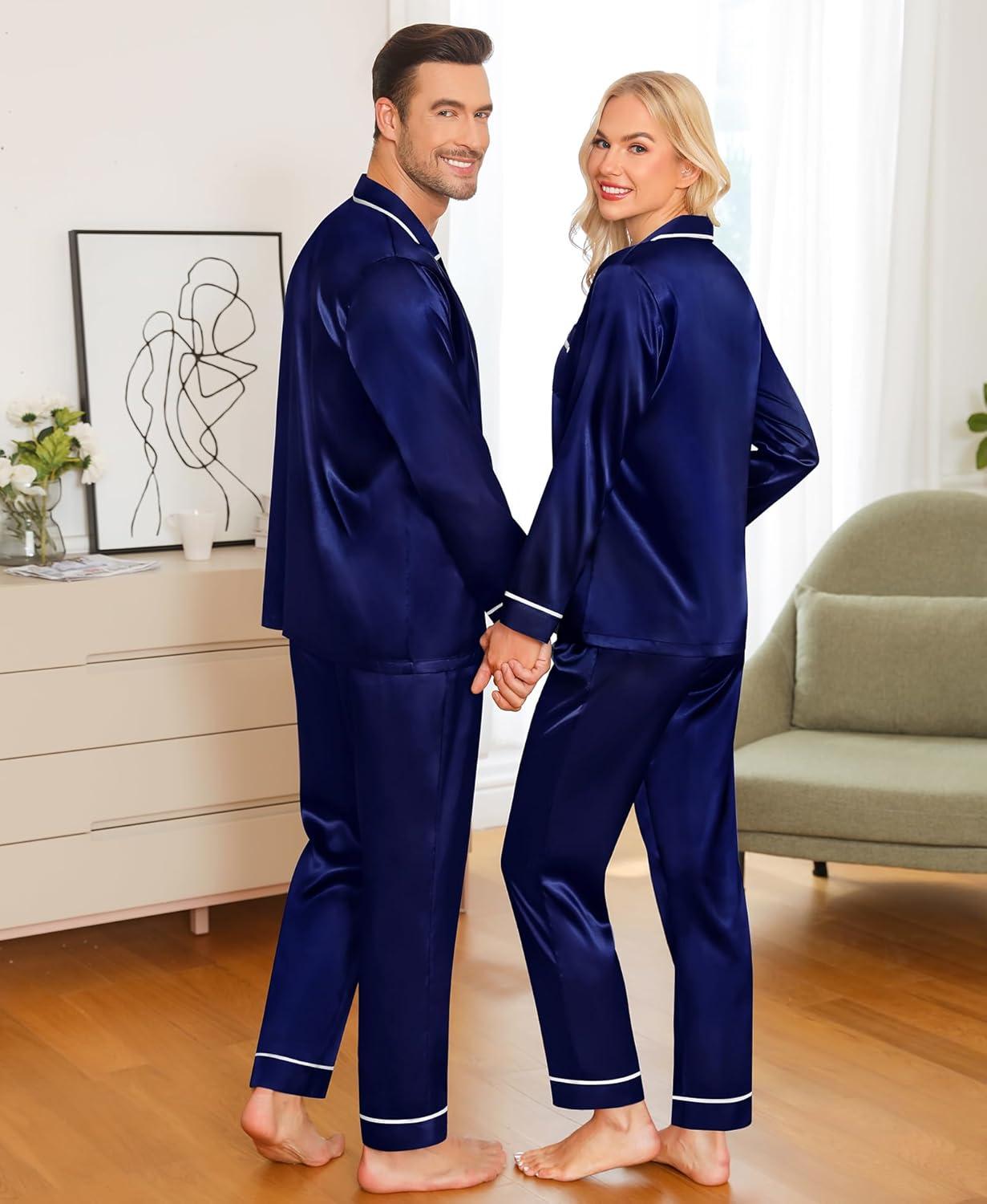 imageSWOMOG Family Christmas Pajamas Matching Sets Silk Family Pajamas Long Sleeve Button Down Pj SetDeep Navy Blue